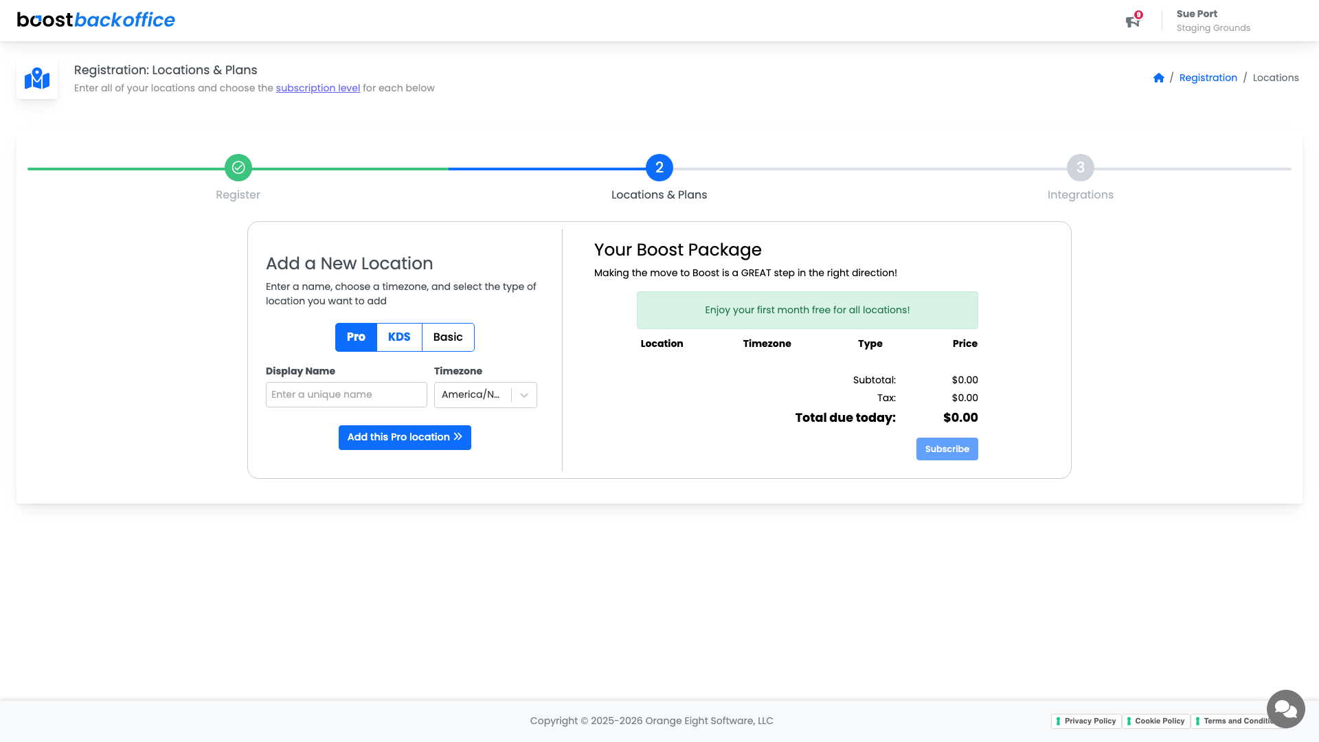 The registration step for adding locations and choosing a plan