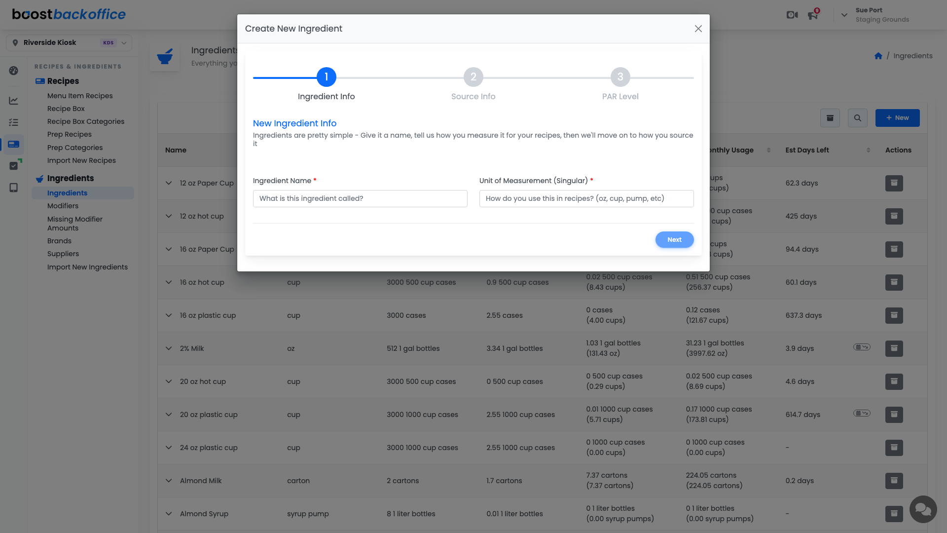 The Create New Ingredient wizard opened at step one