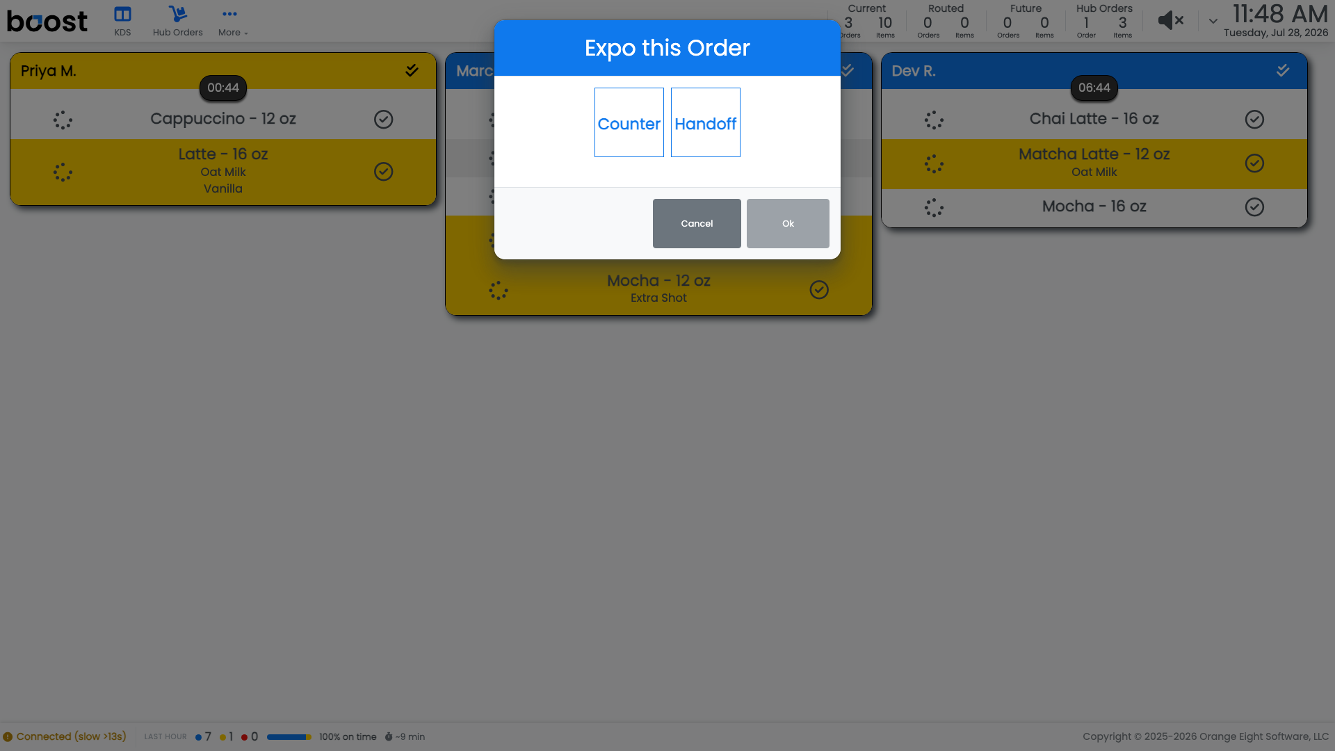 The Expo this Order dialog offering Counter or Handoff