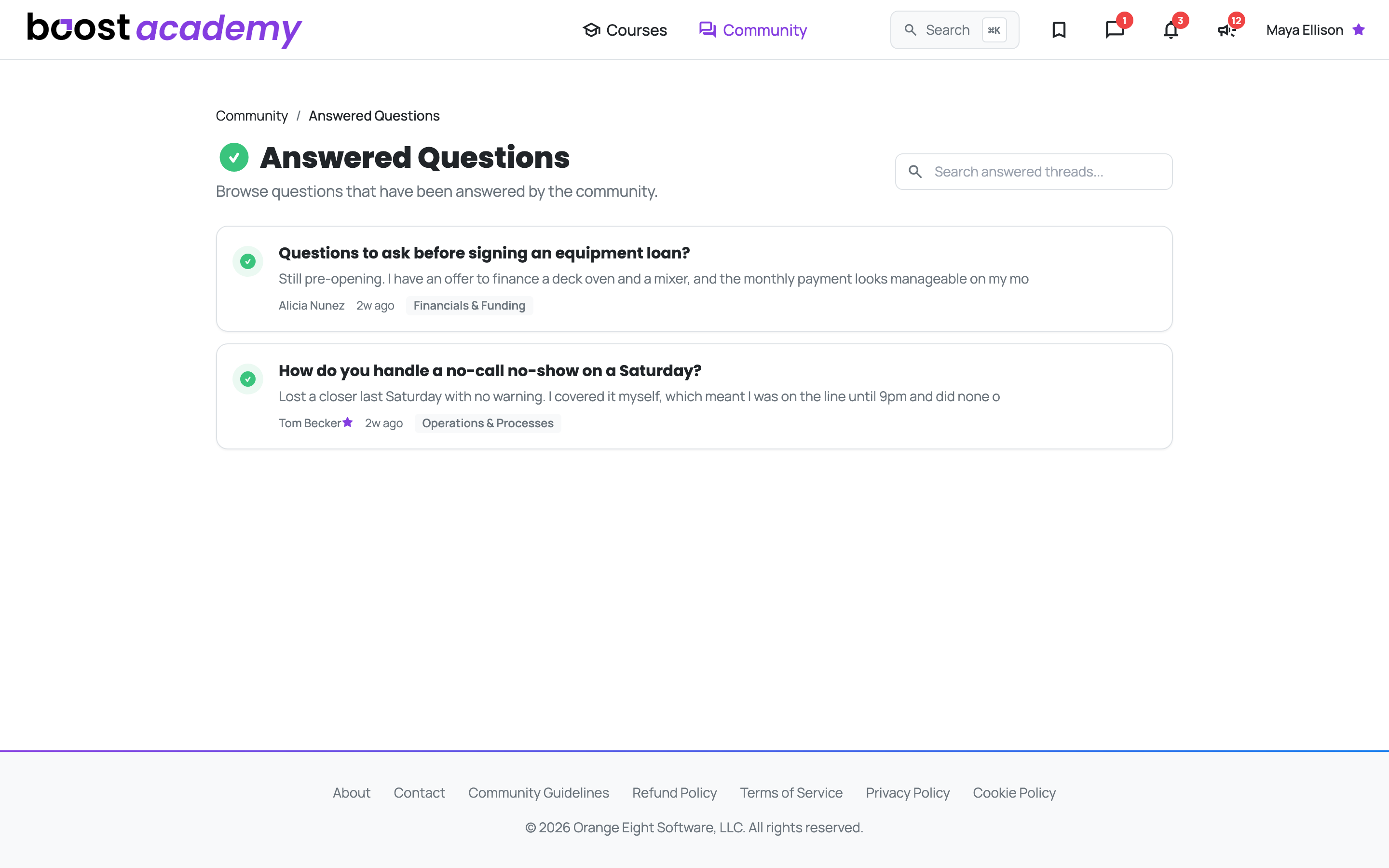 The Answered Questions feed listing resolved threads with their asker and board