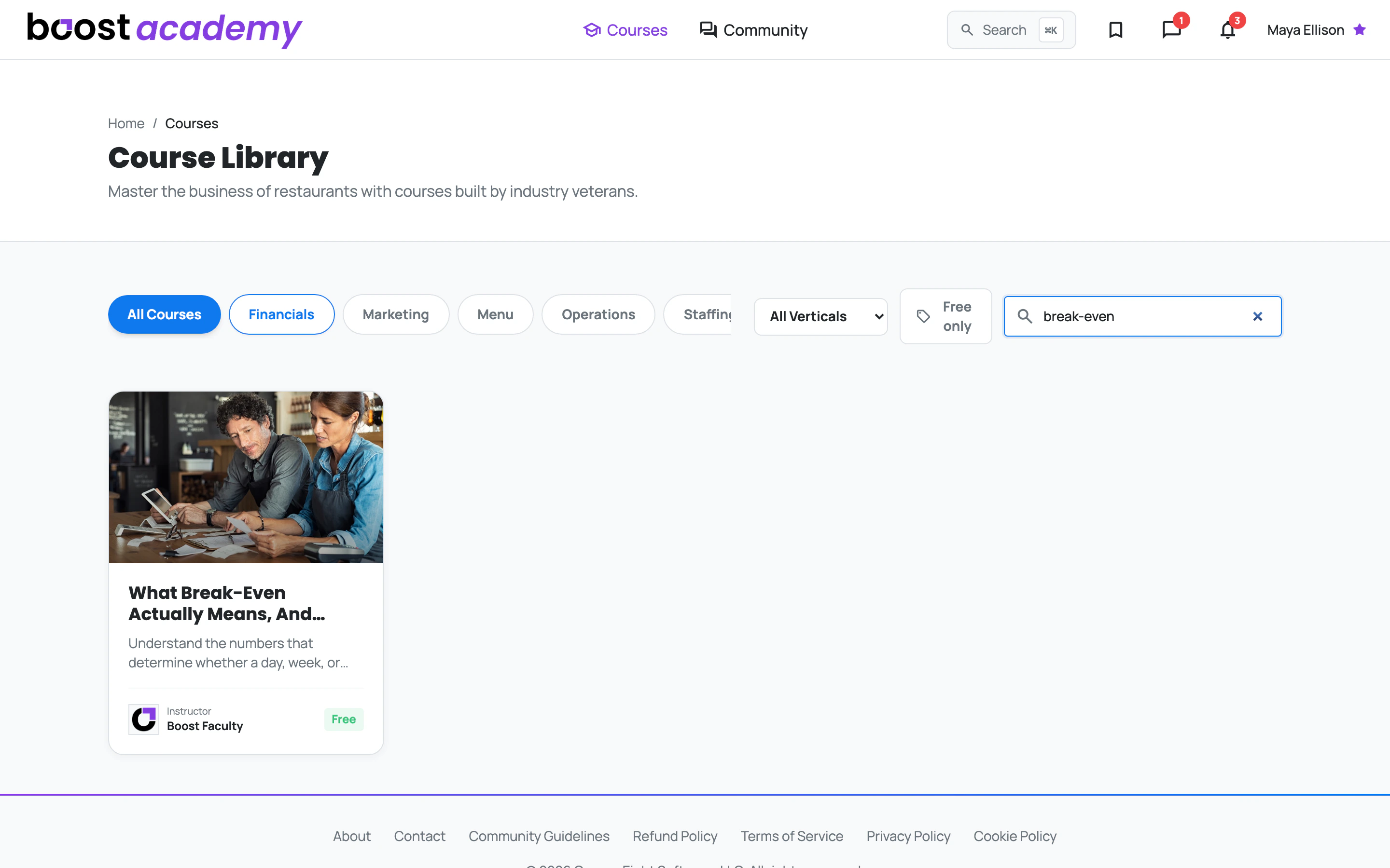 The Course Library filtered by a search for break-even