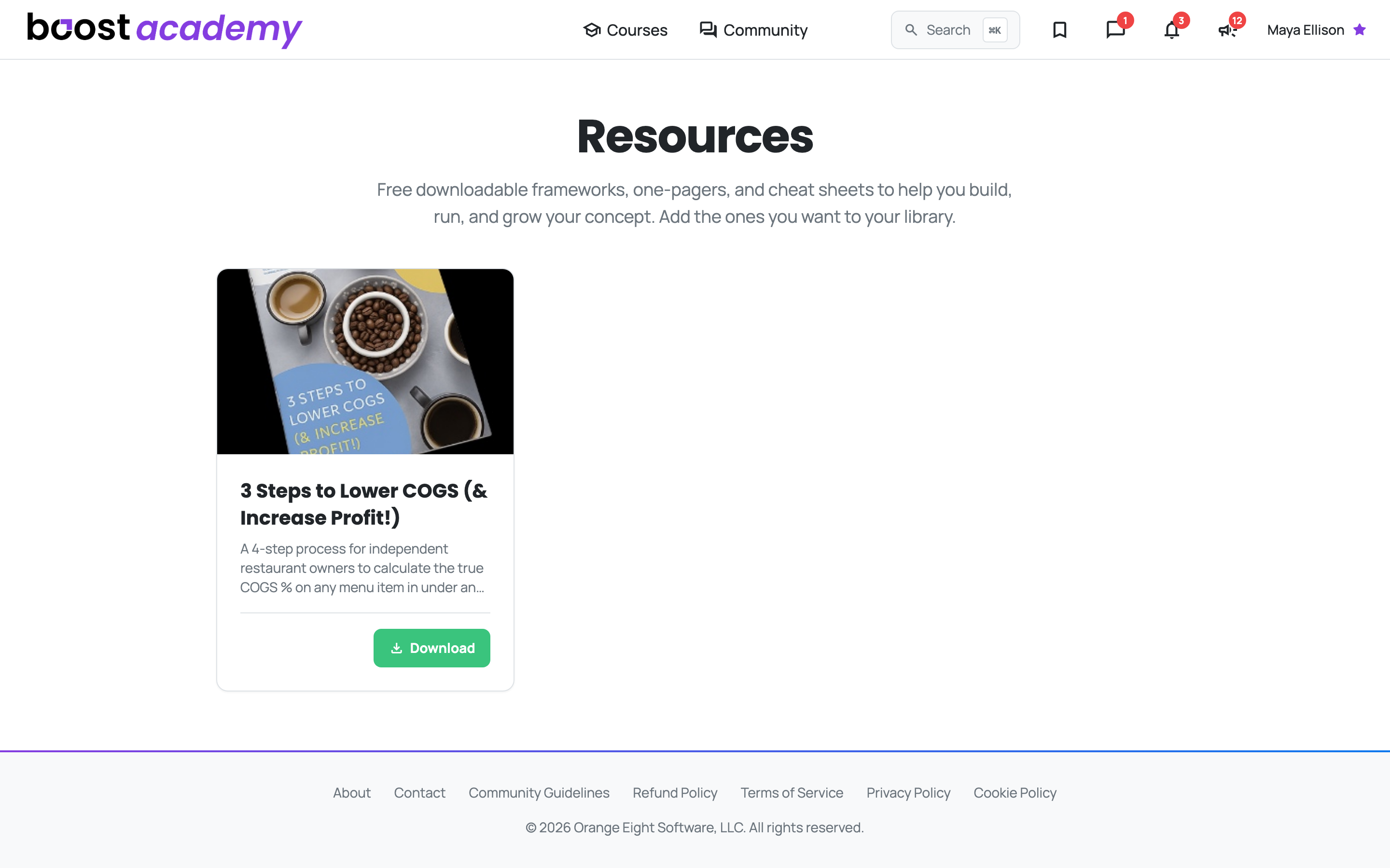 The Resources library listing downloadable frameworks and one-pagers