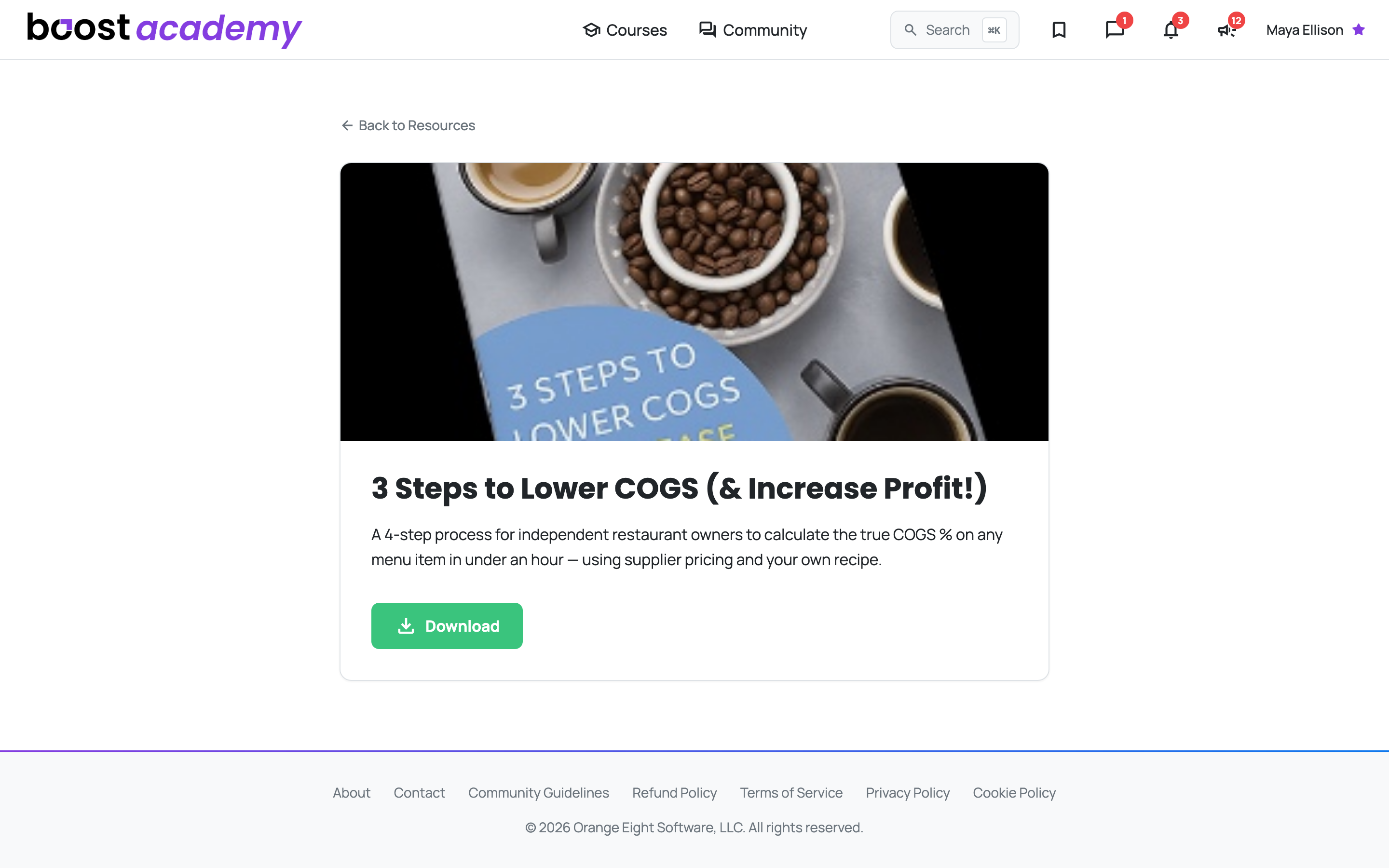 The same resource after claiming, with the download button