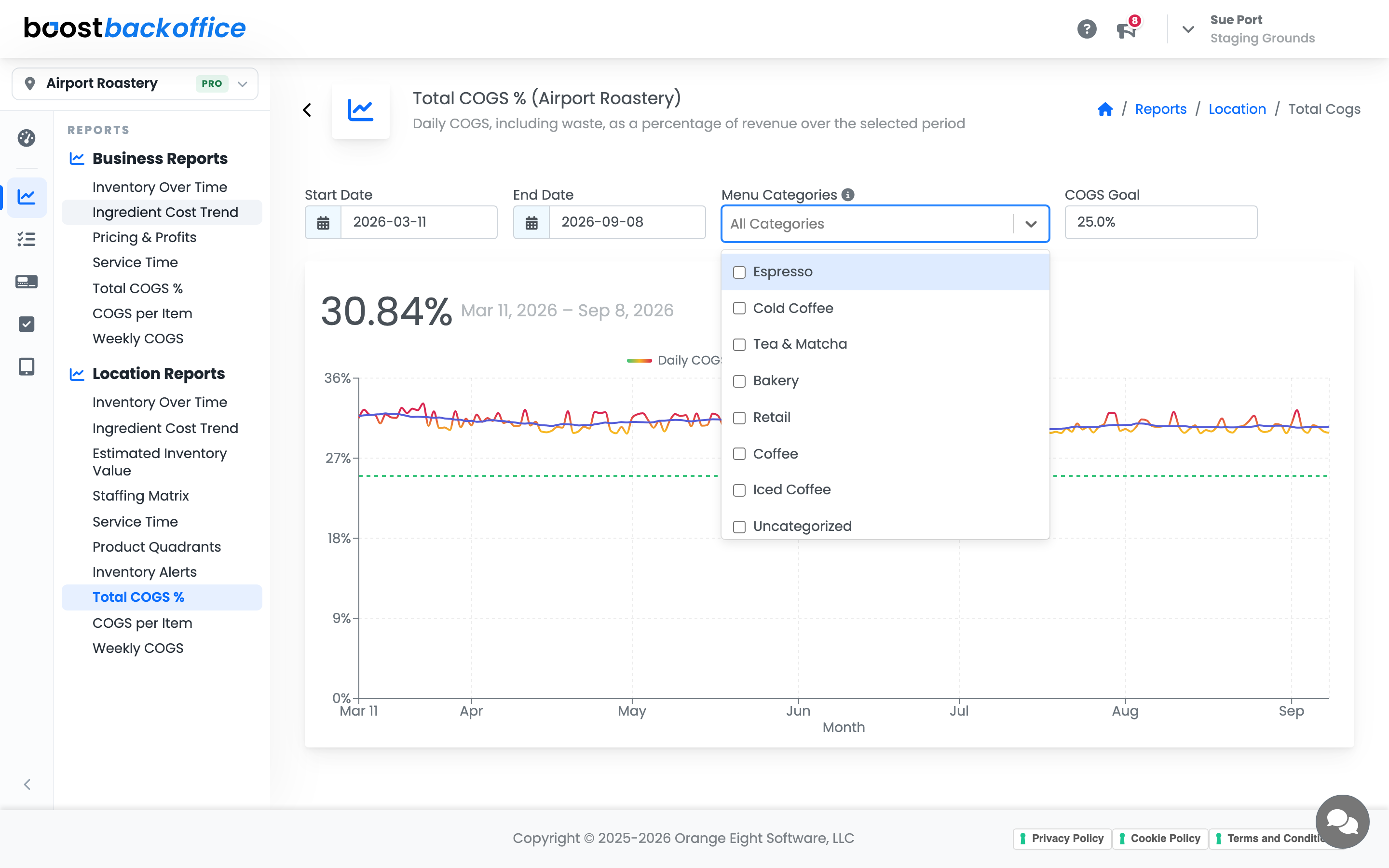 The Menu Categories picker open on the Total COGS percent report