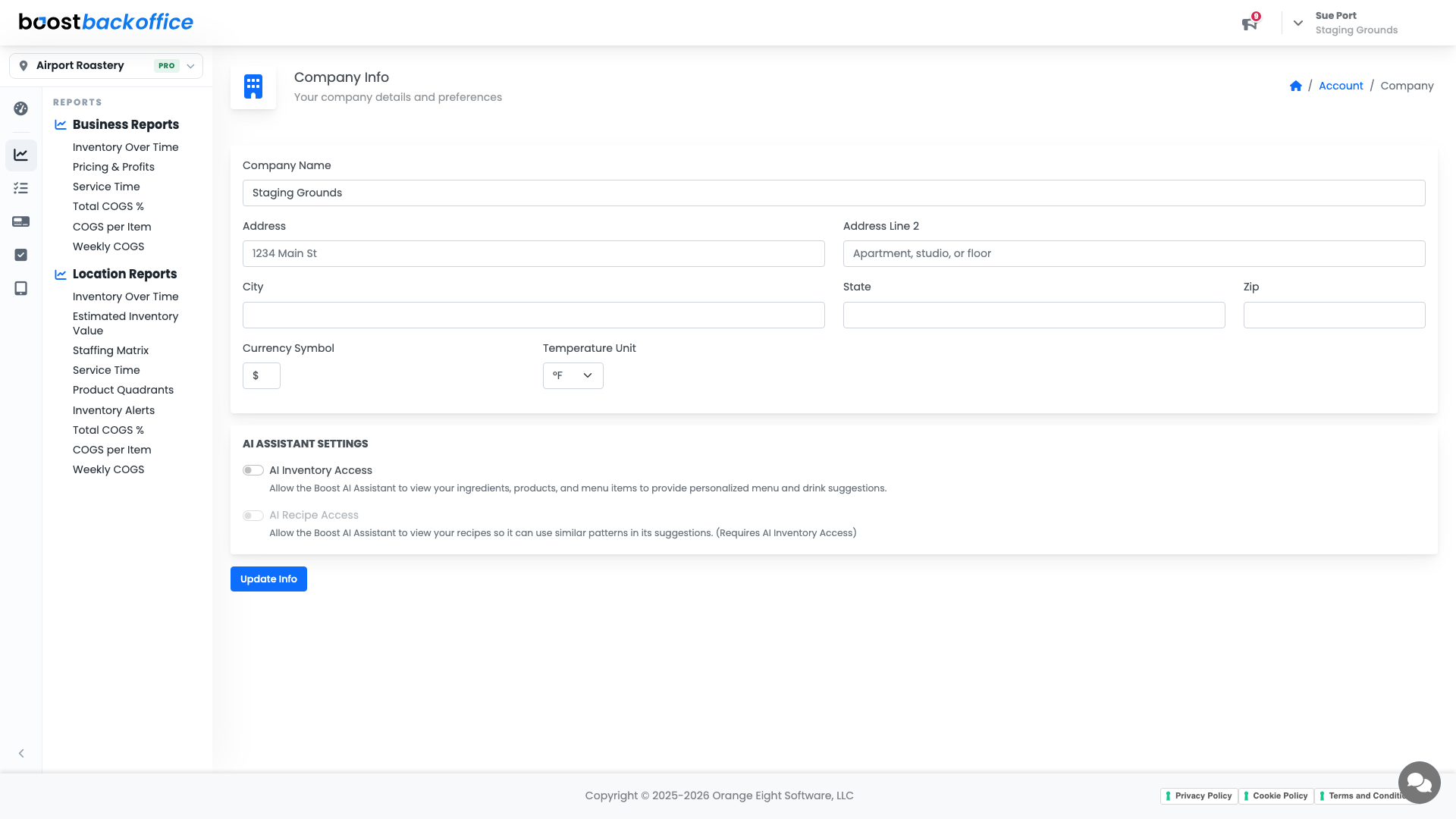The Company Info page with company details and preferences