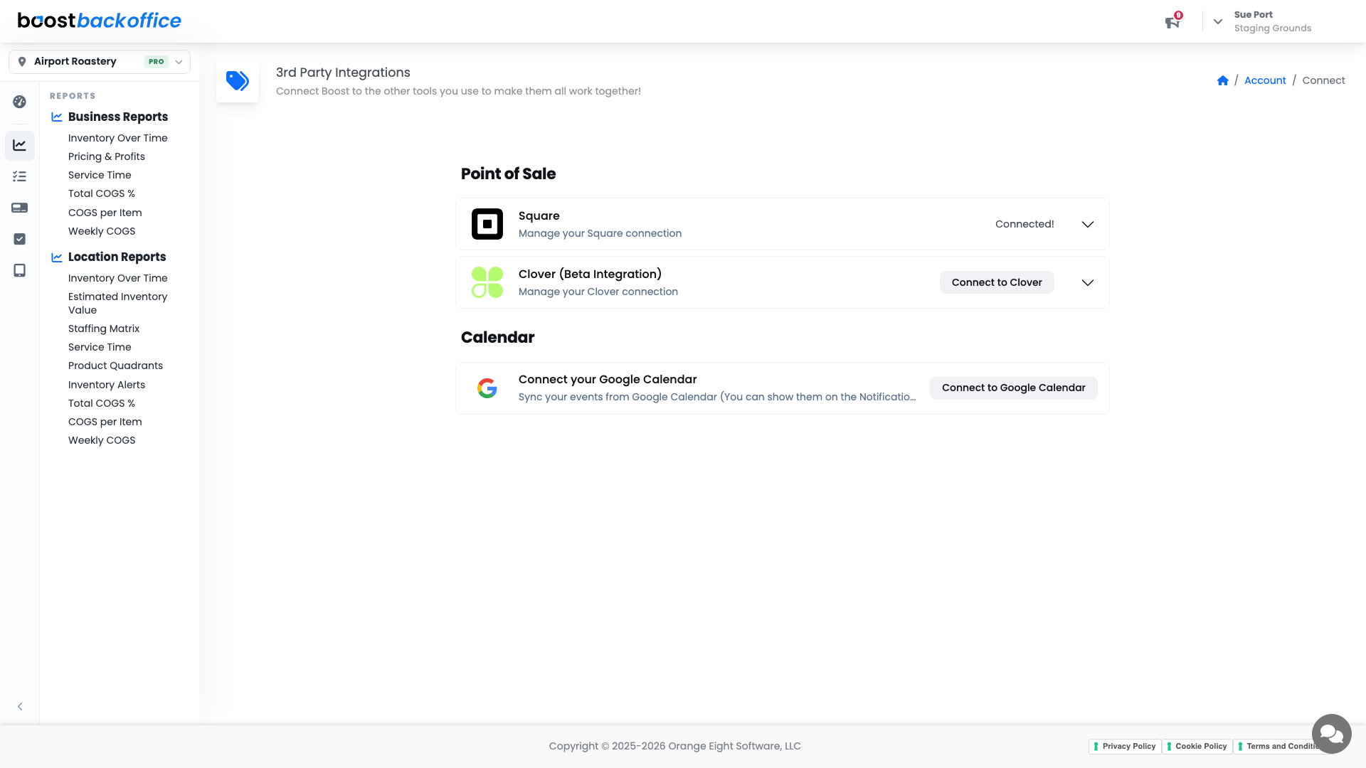 The 3rd Party Integrations page with Square, Clover, and Google Calendar