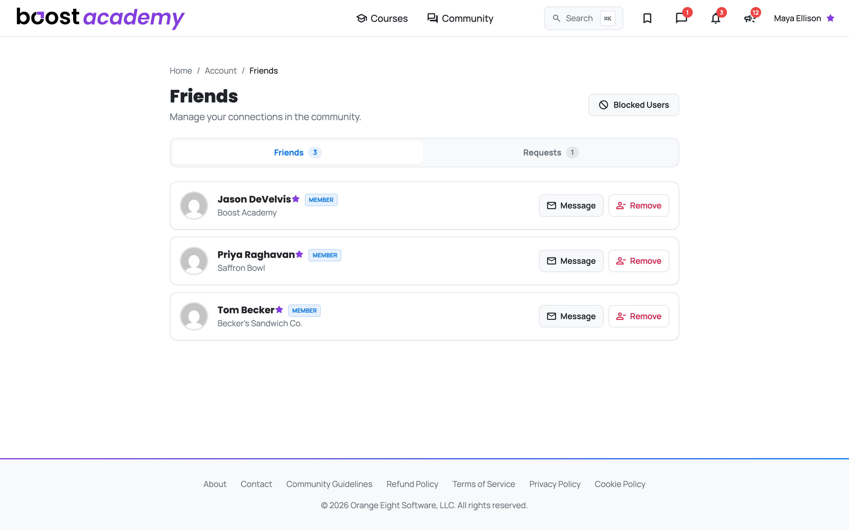 The Friends page listing connections with their concepts and Message or Remove actions