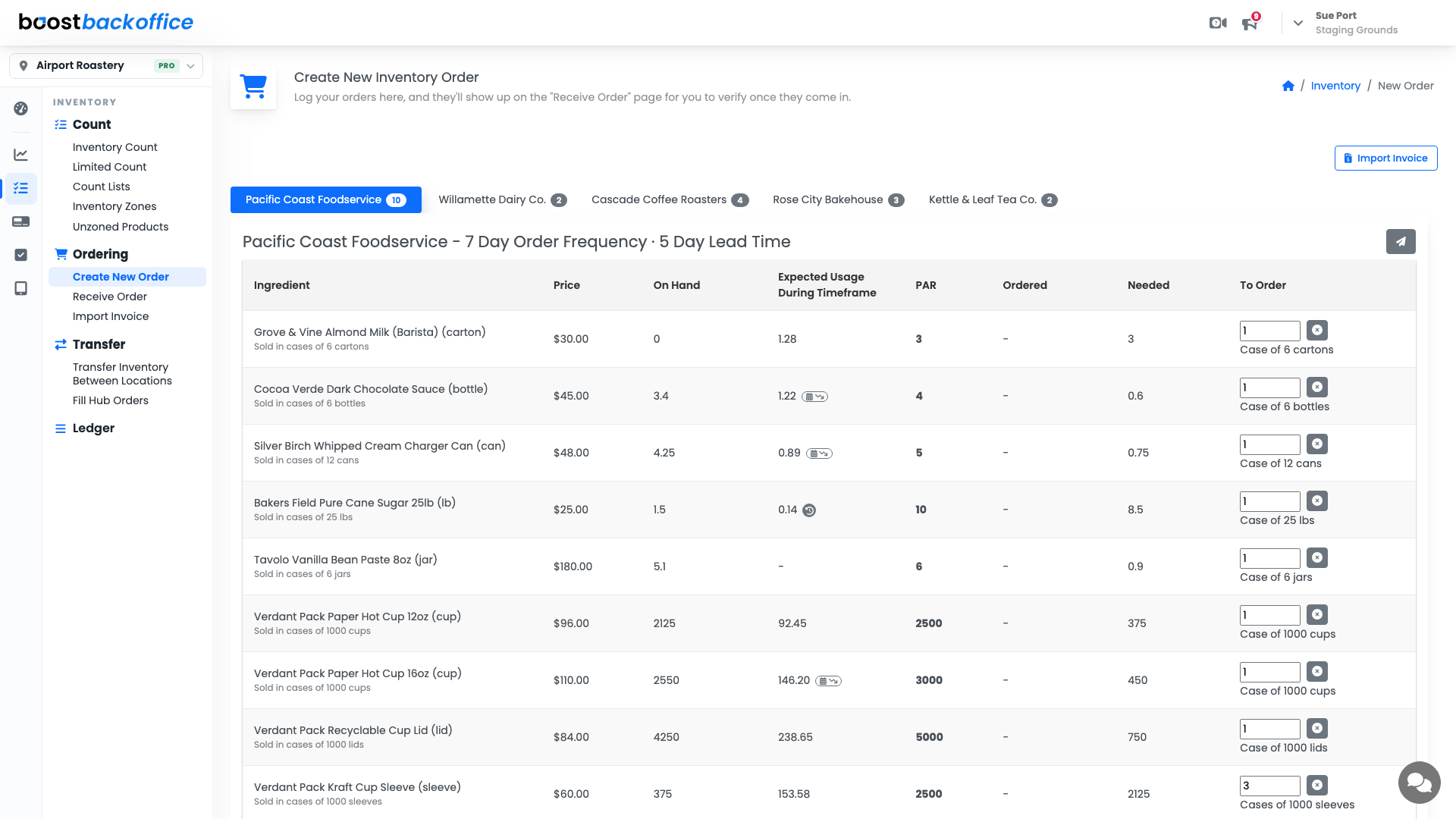 Create New Inventory Order with supplier tabs and suggested quantities