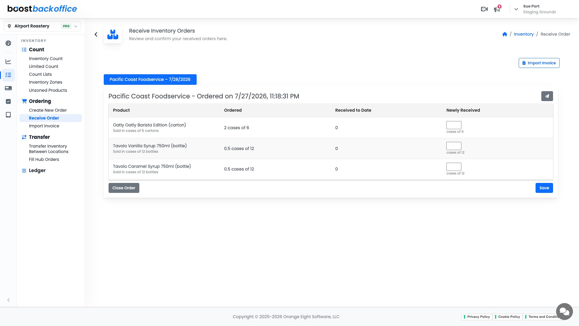 Receive Inventory Orders showing ordered, received to date, and newly received