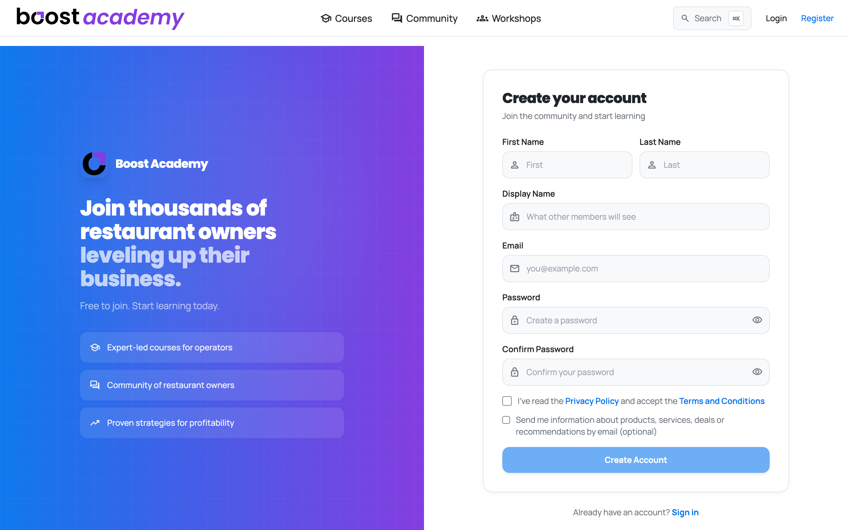 The Boost Academy registration page