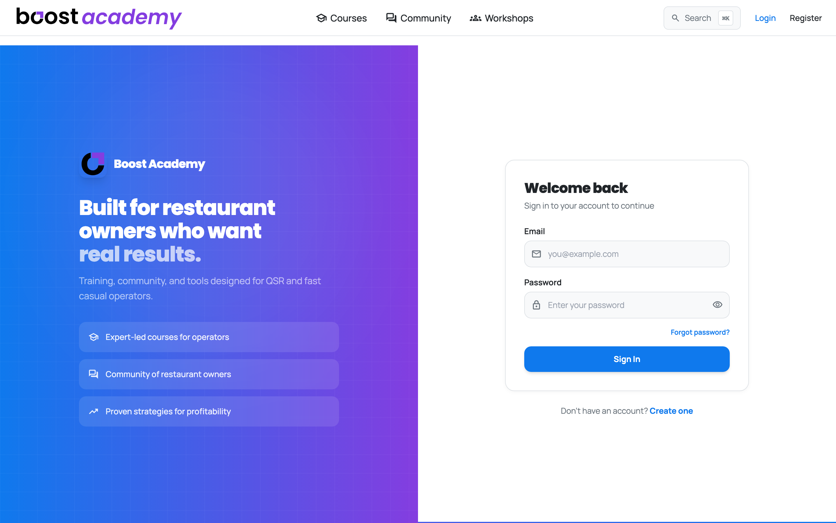The Boost Academy login page