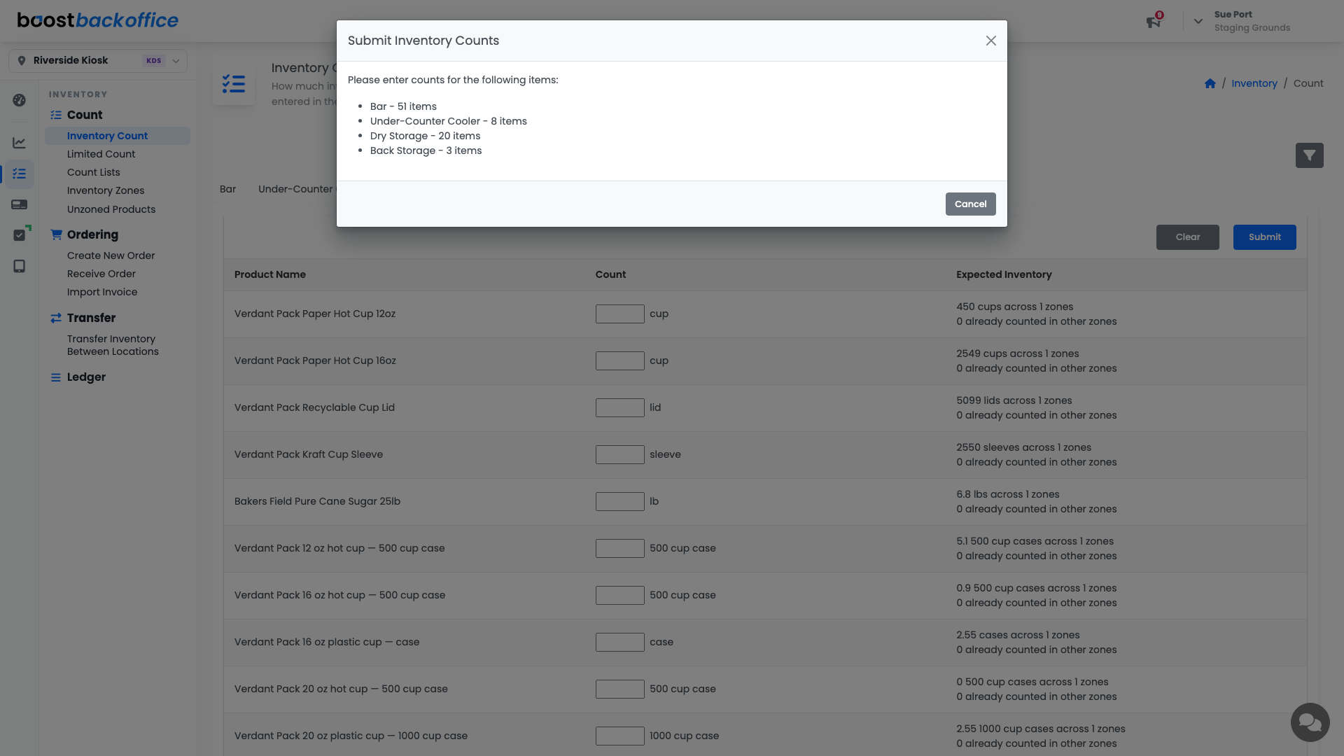 The Submit Inventory Counts dialog listing the zones that still need counts