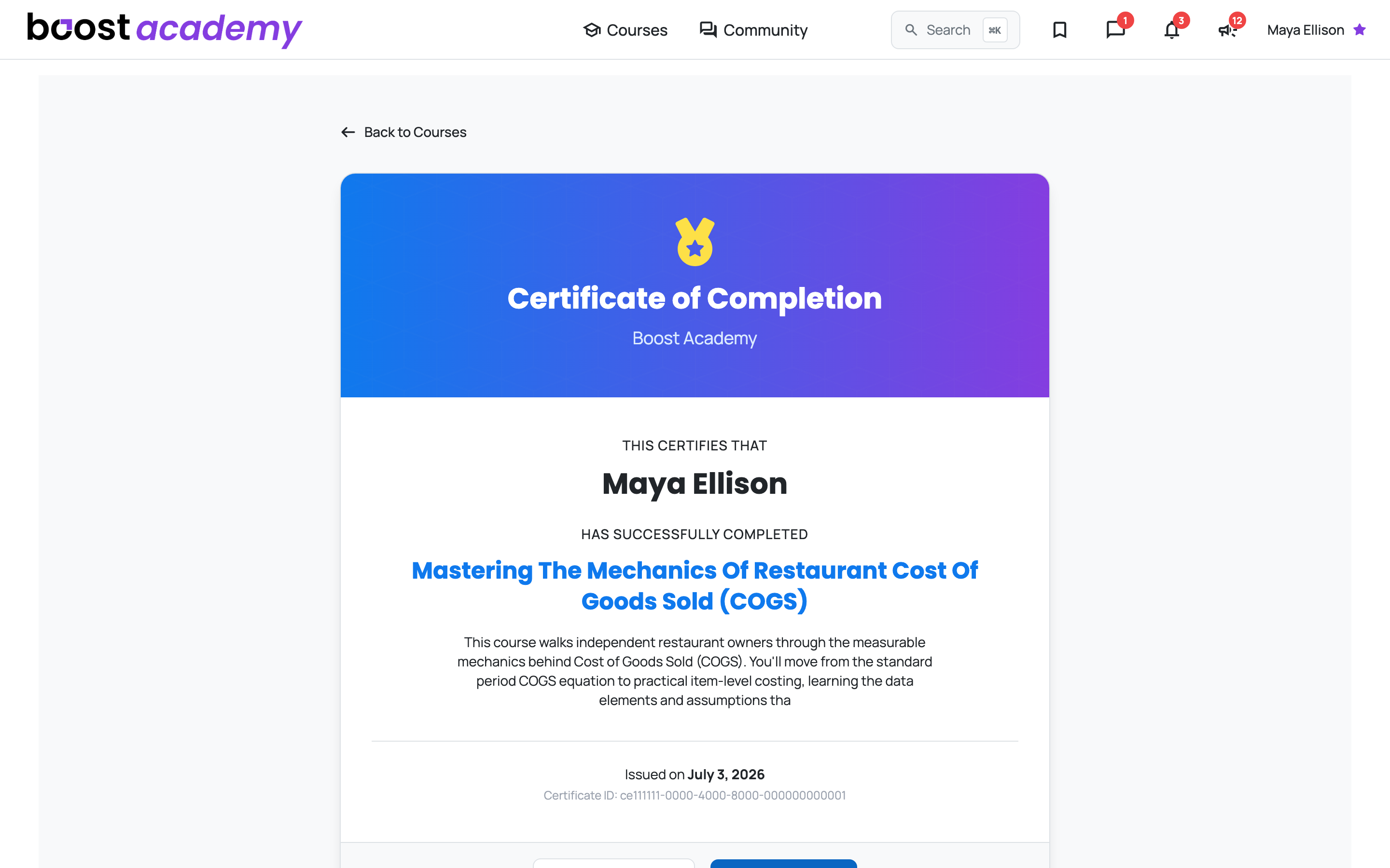 A Boost Academy certificate of completion naming the member, the course, and the issue date
