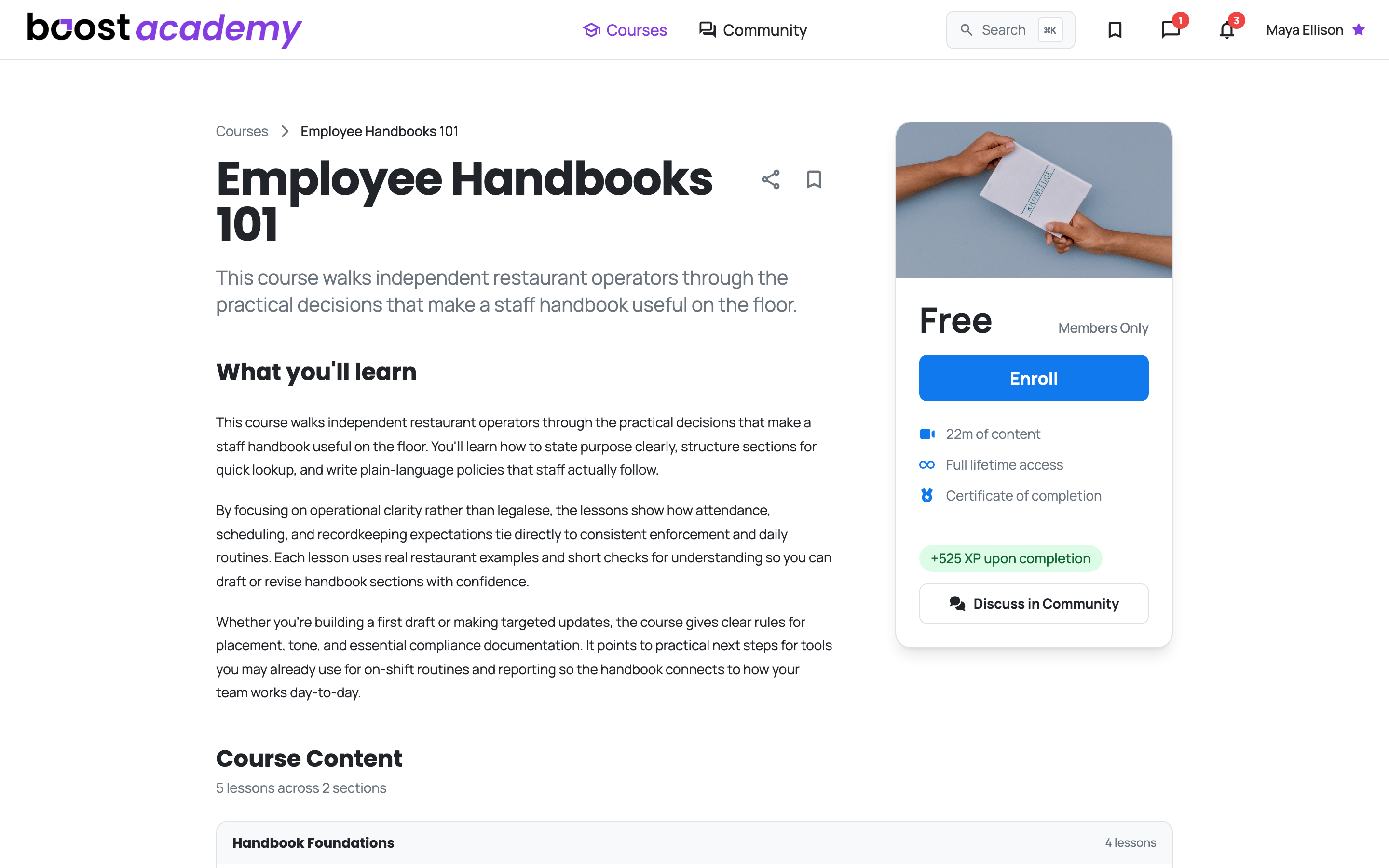 The Employee Handbooks 101 course page with the Enroll button and course details