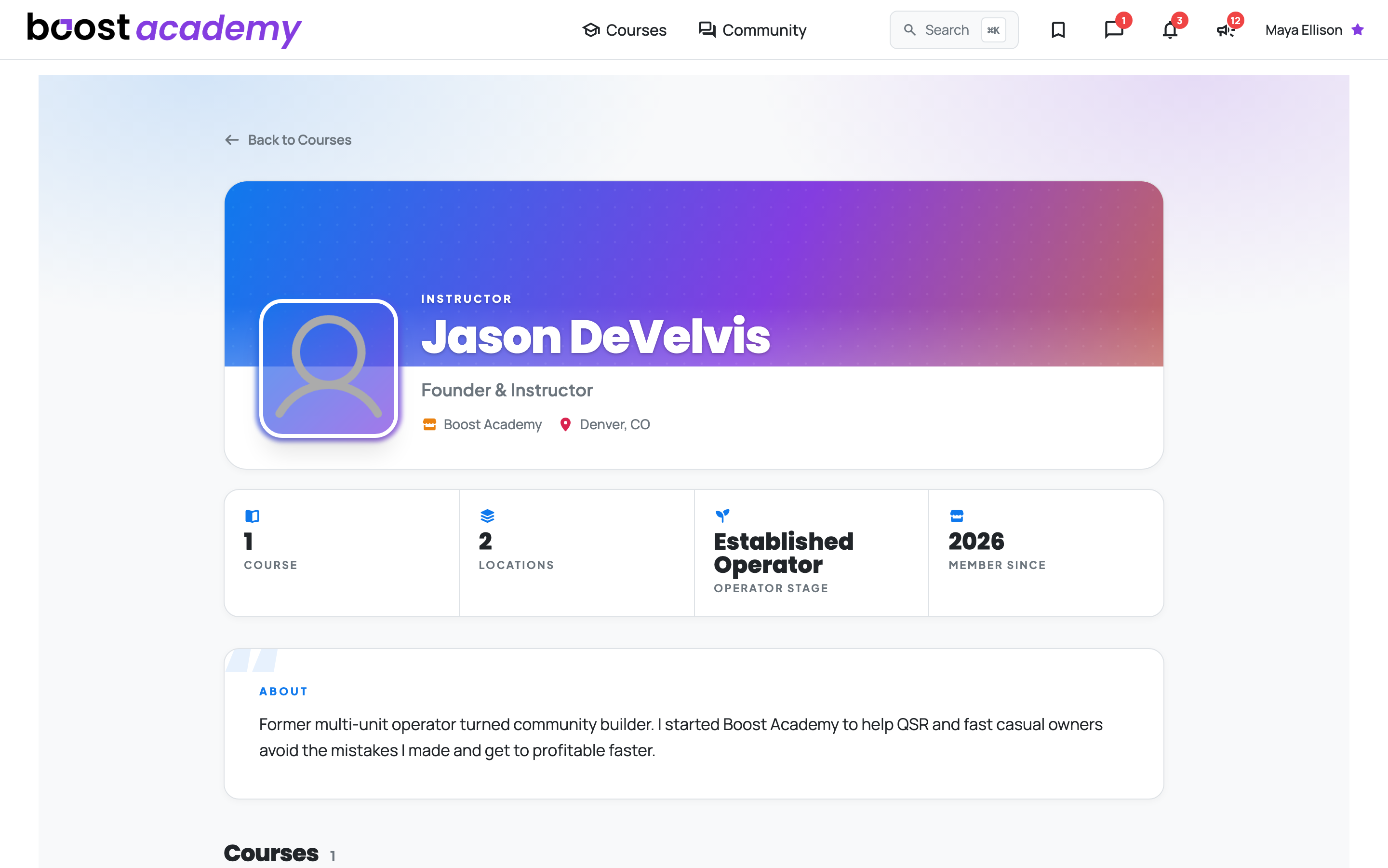 An instructor profile with the bio, location, and stat strip