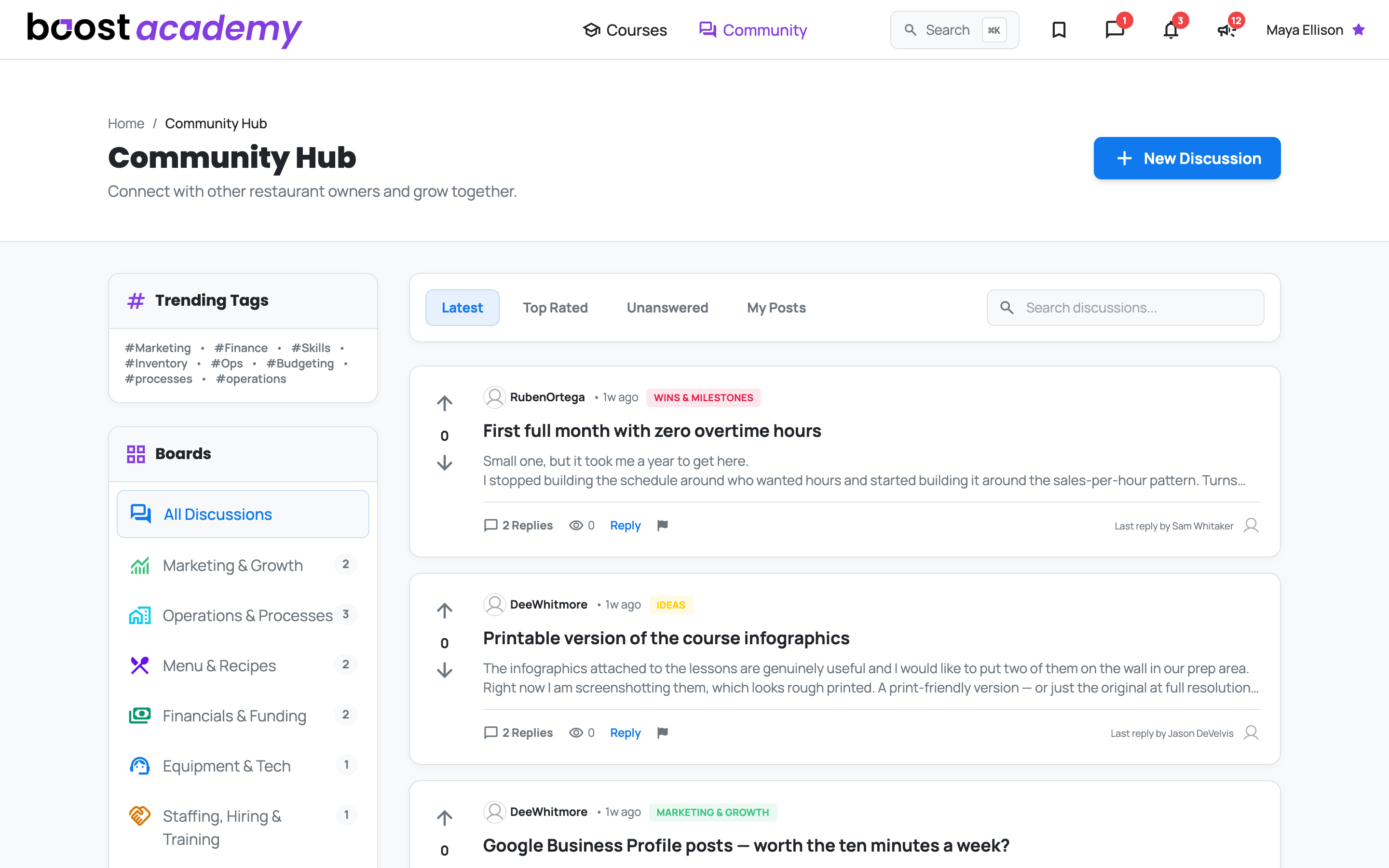 The Community Hub with boards, trending tags, and the latest threads
