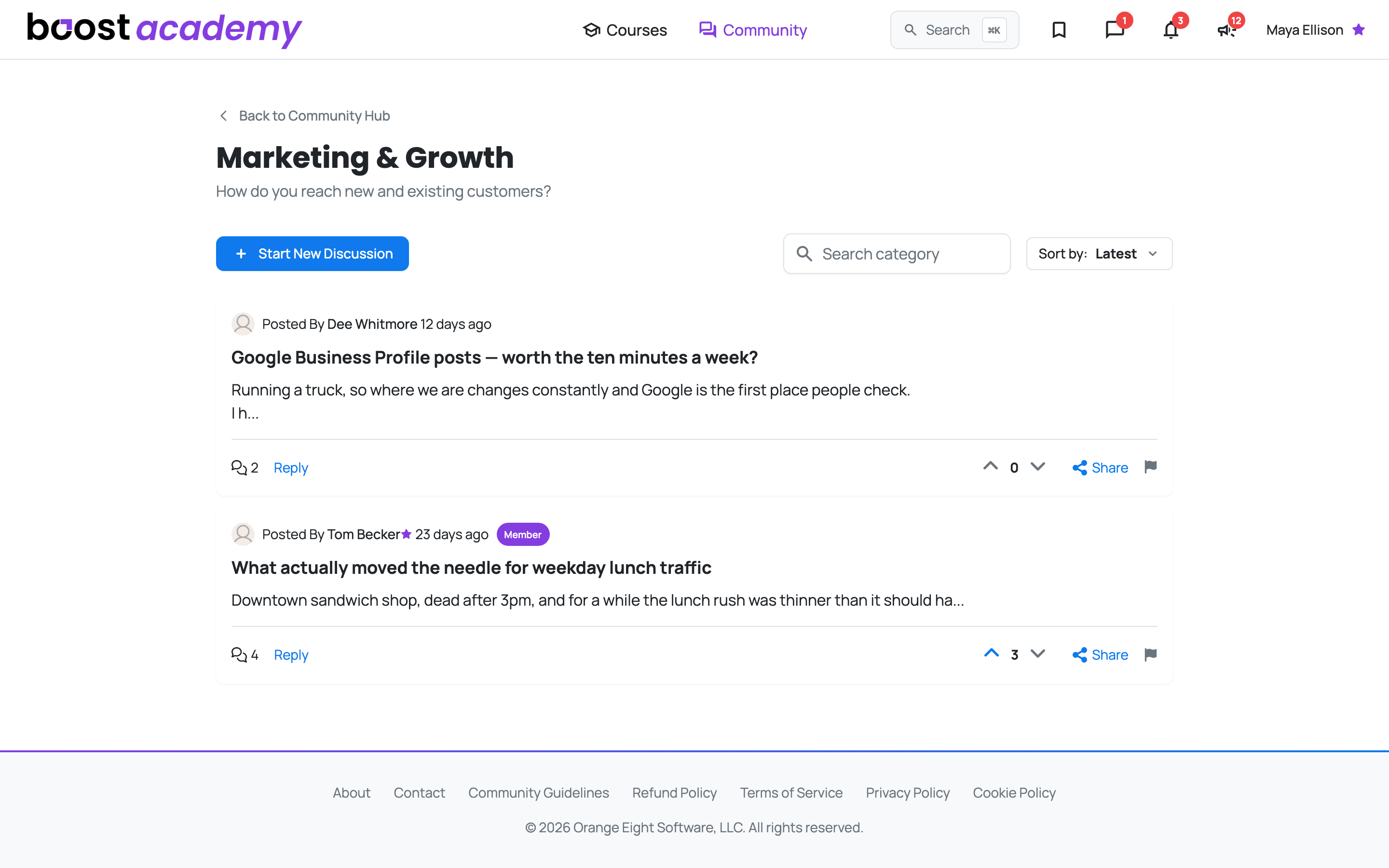 The Marketing and Growth board showing thread cards with reply and vote counts