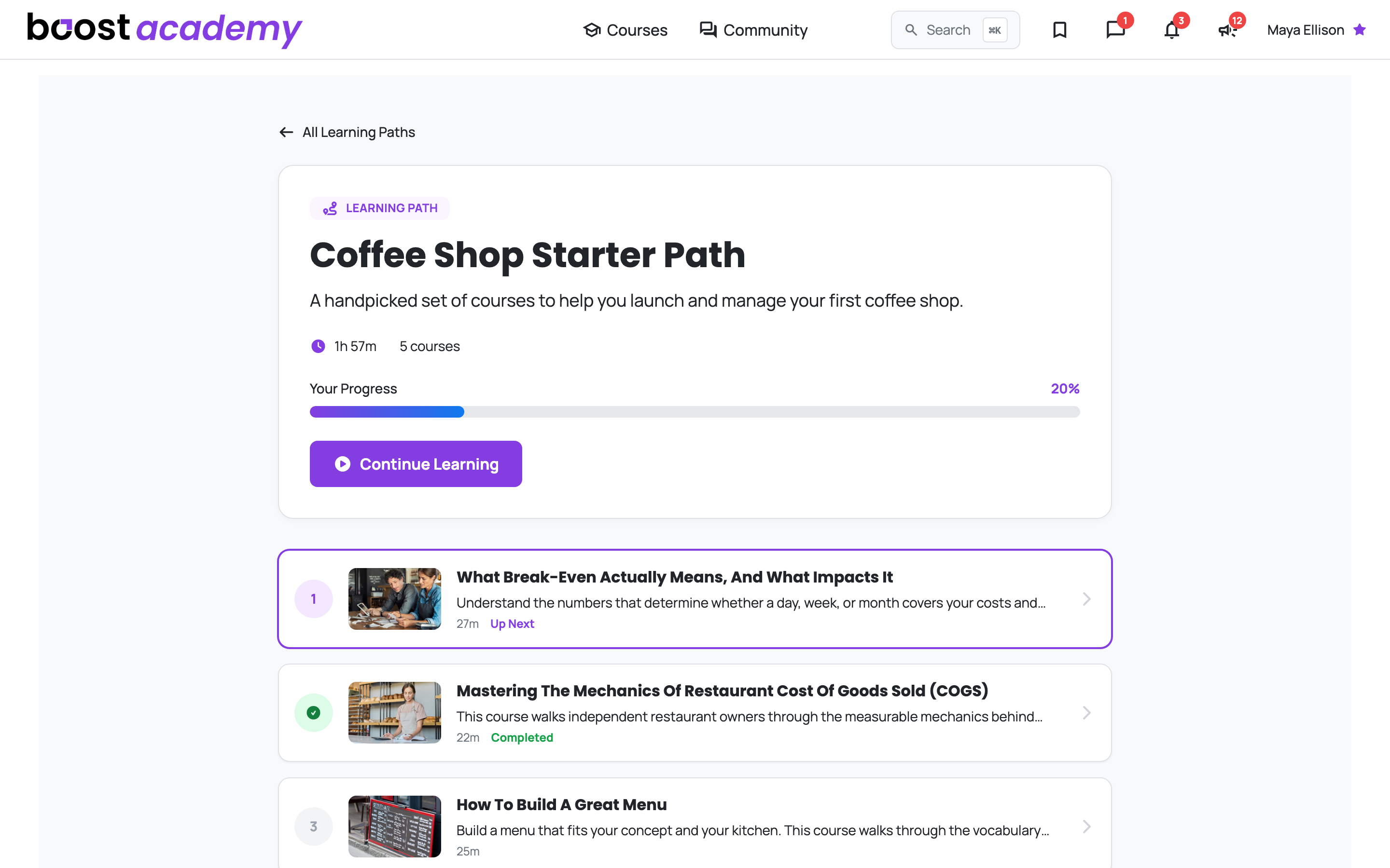 The Coffee Shop Starter Path showing 20% progress, a Continue Learning button, and the ordered course list