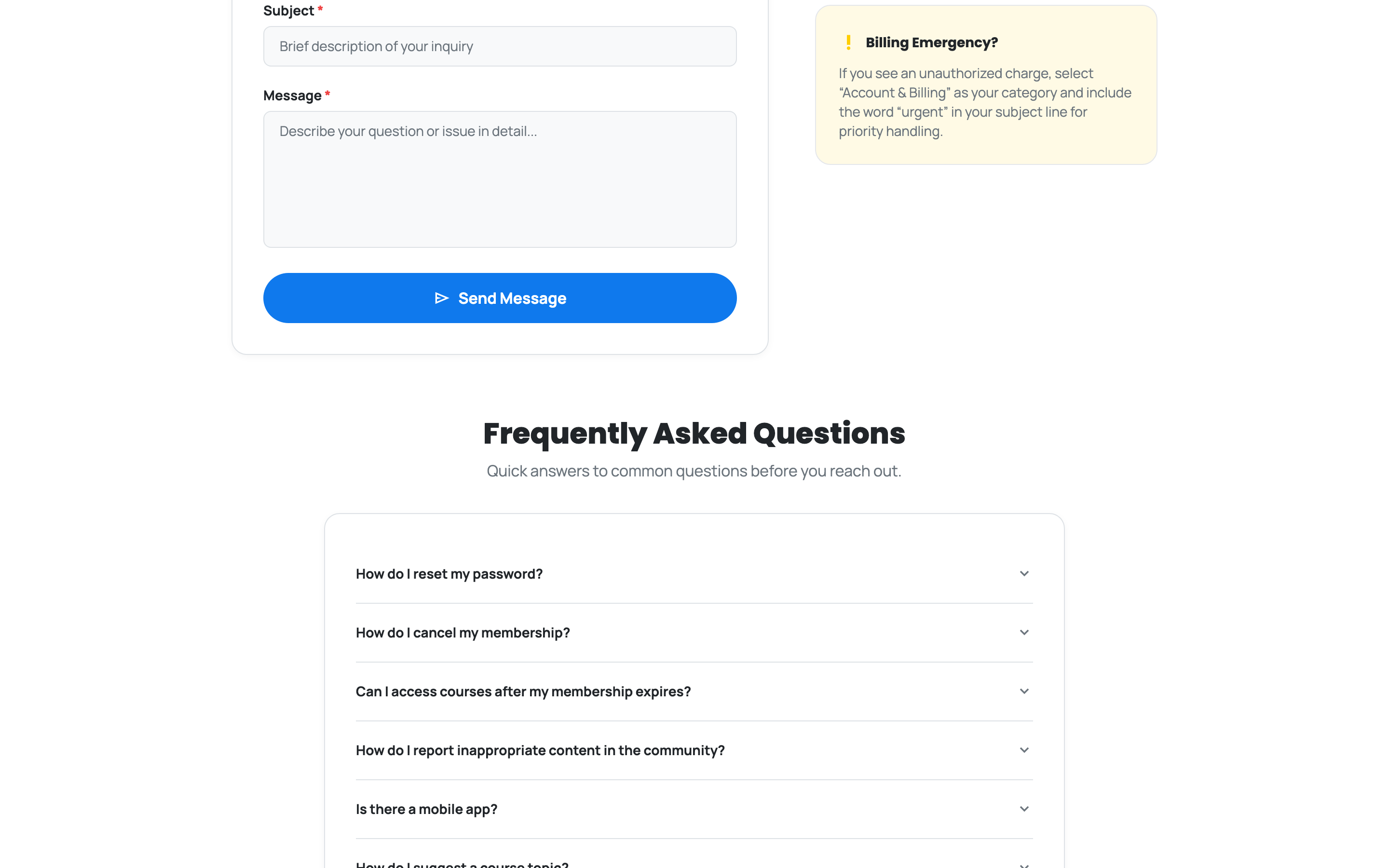 The frequently asked questions section on the contact page