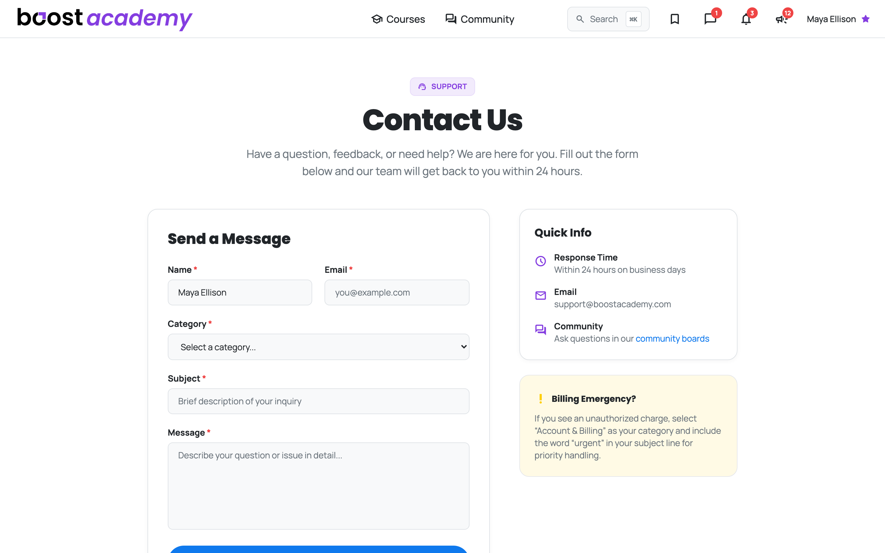 The support contact form with category selection and the quick info panel