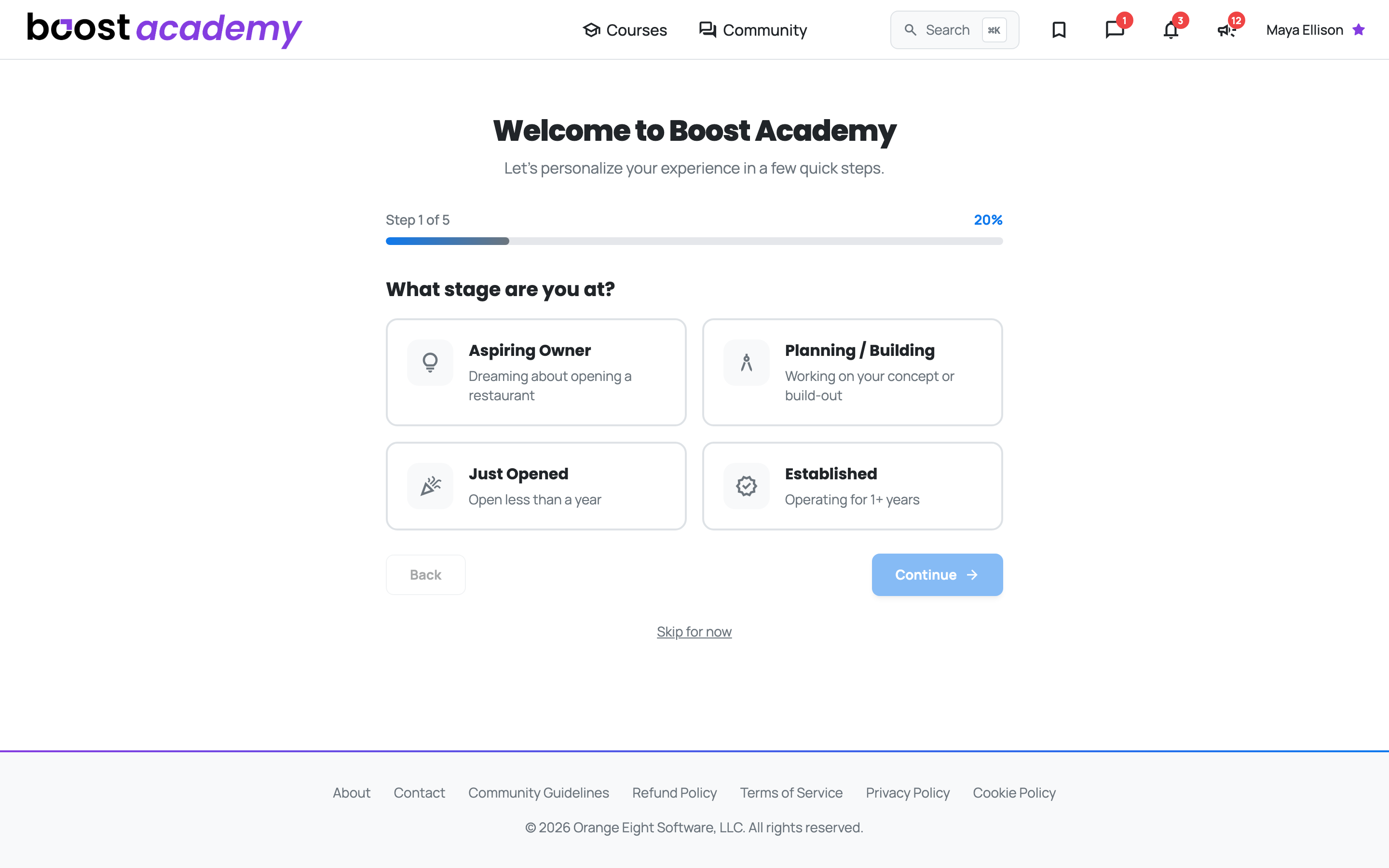 The onboarding step asking which stage of ownership you are at