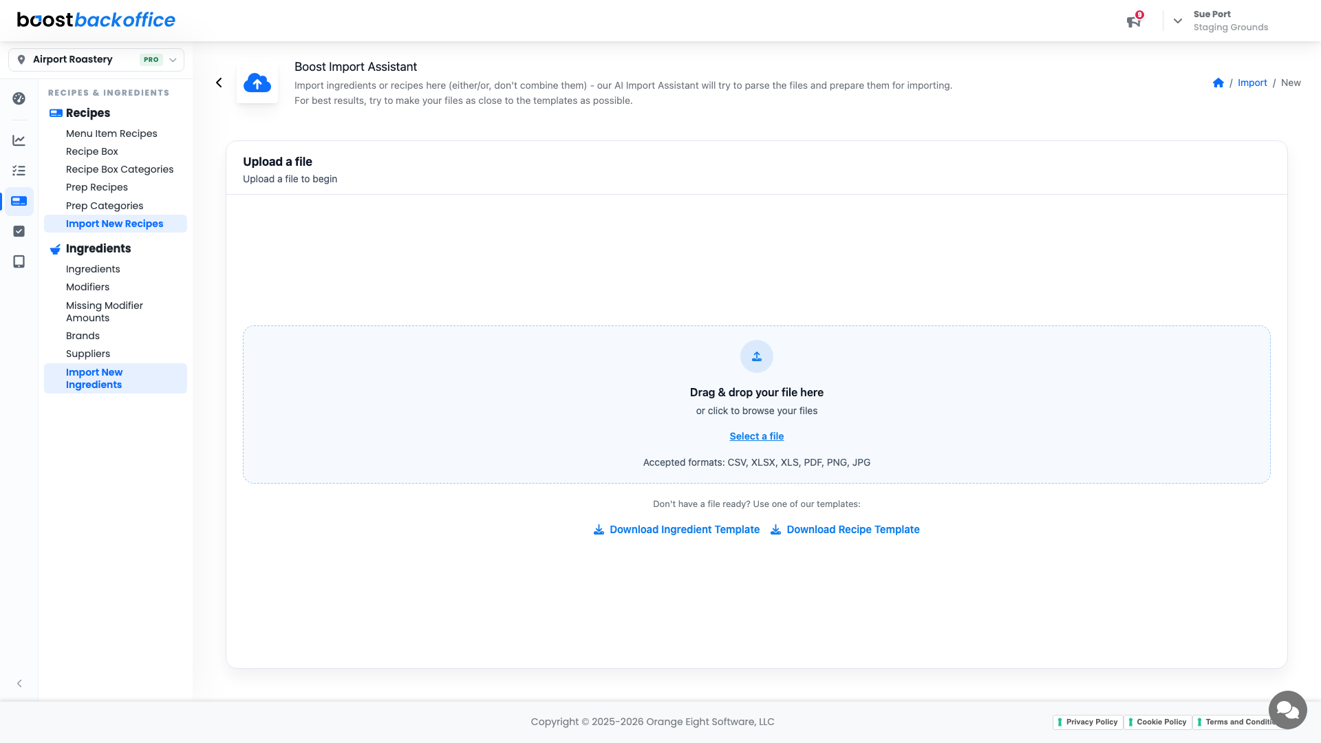 The Boost Import Assistant upload screen with template downloads