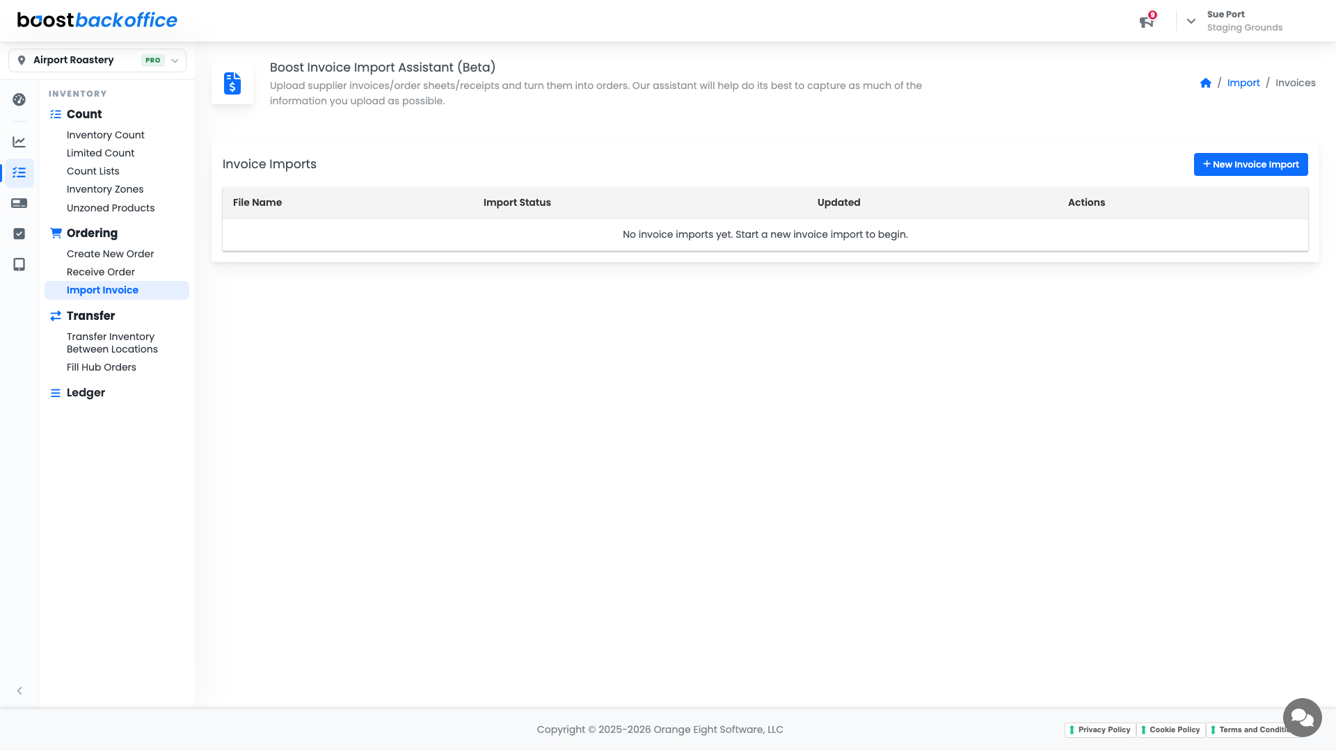 The Invoice Imports list with a New Invoice Import button