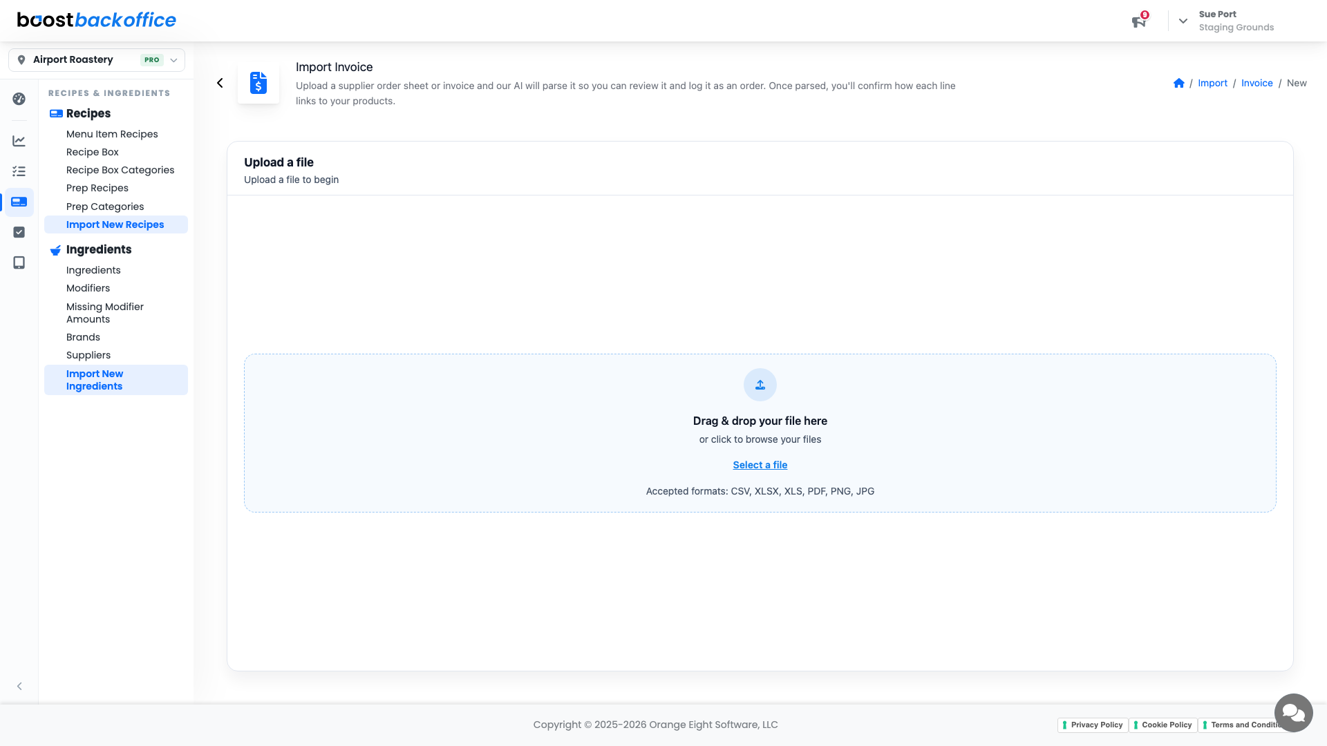 The upload screen accepting CSV, spreadsheet, PDF, and photo files
