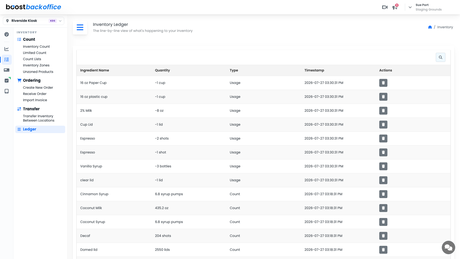 The Inventory Ledger listing ingredient, quantity, type, and timestamp