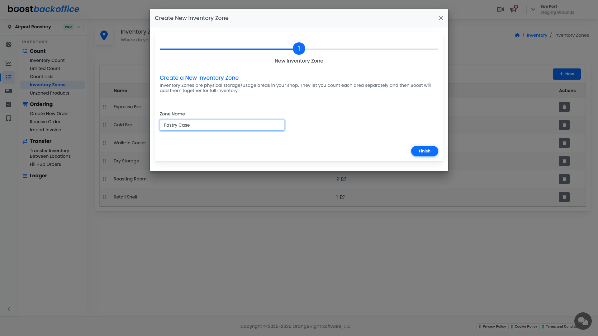 The Create New Inventory Zone wizard with the Zone Name field
