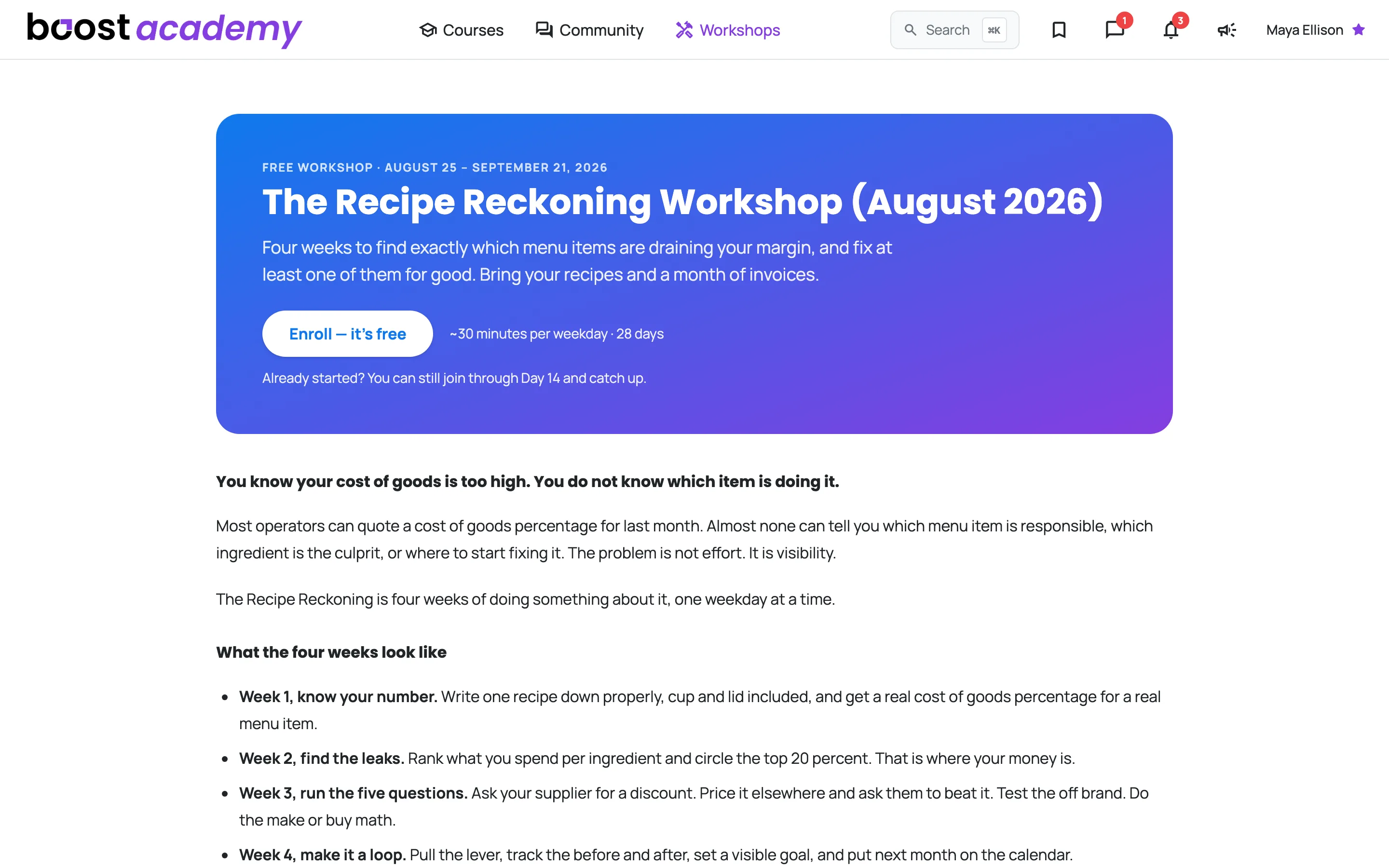 A Workshop landing page showing the dates, the time commitment, and the free enroll button