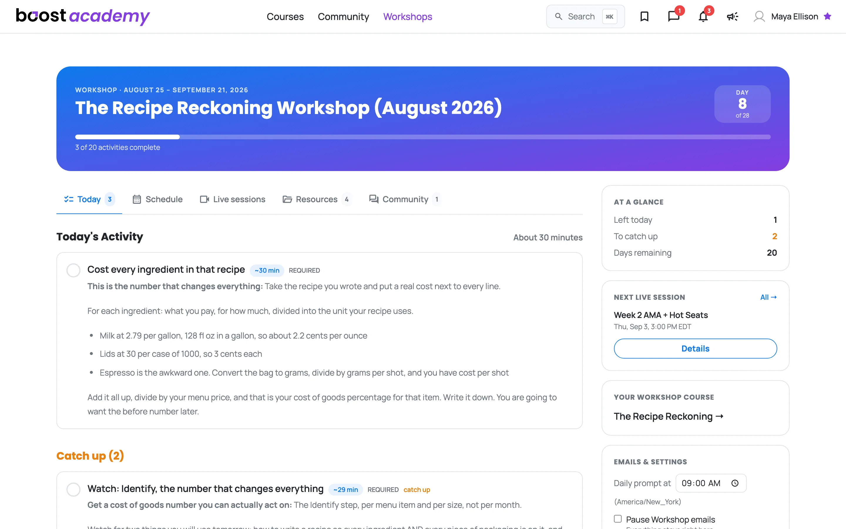 The Workshop page on the Today tab, showing Day 8, progress, today's activity and a catch-up list