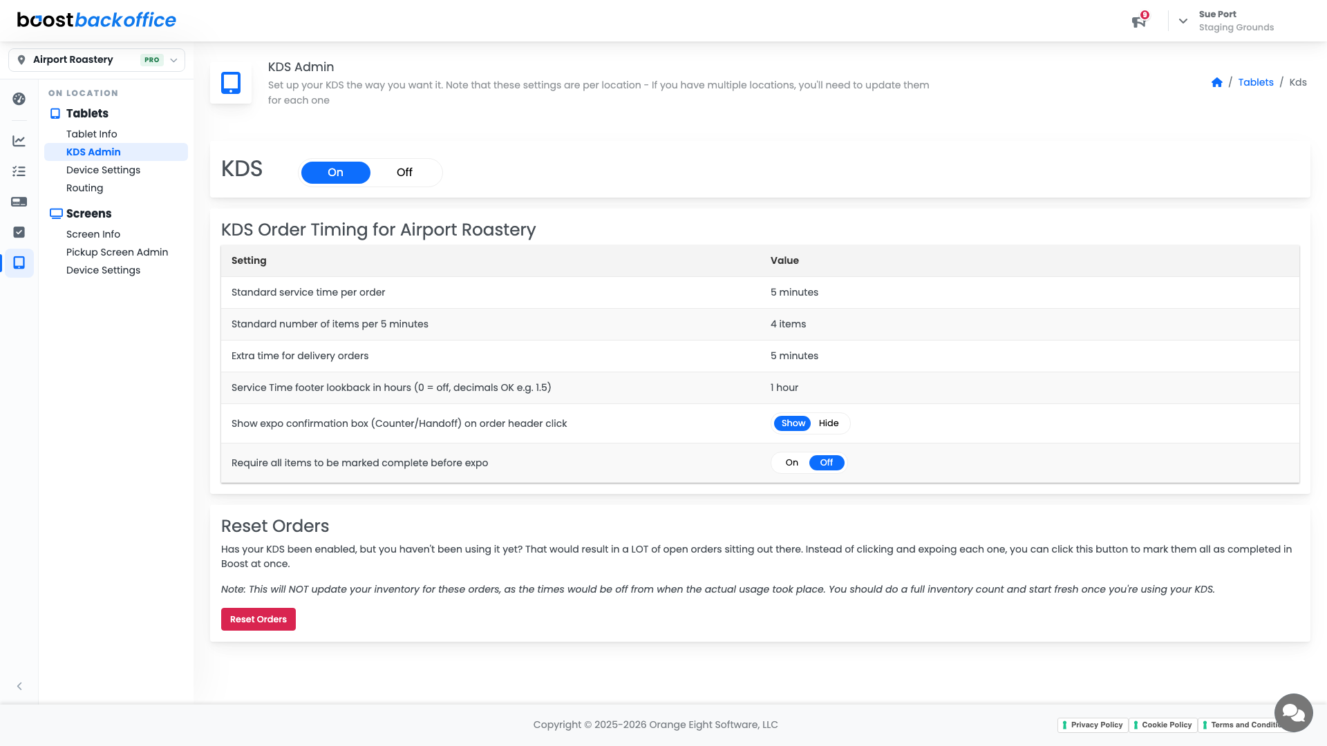 KDS Admin with the order timing settings and the reset orders panel
