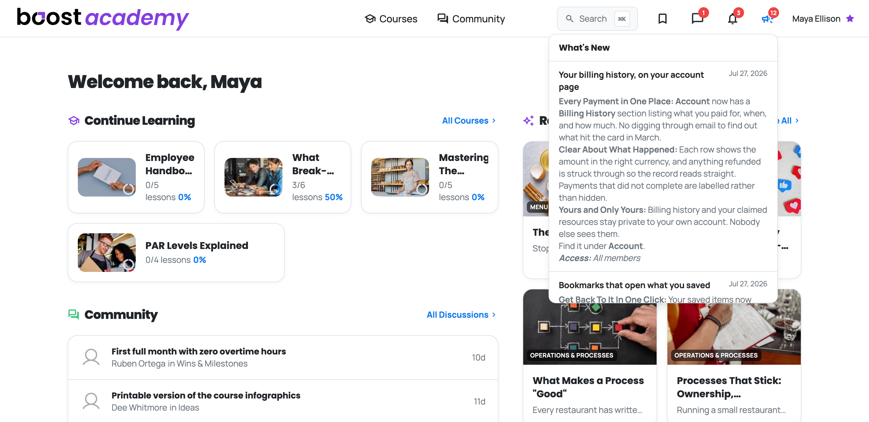 The What's New panel open from the top bar, listing recent updates with their dates