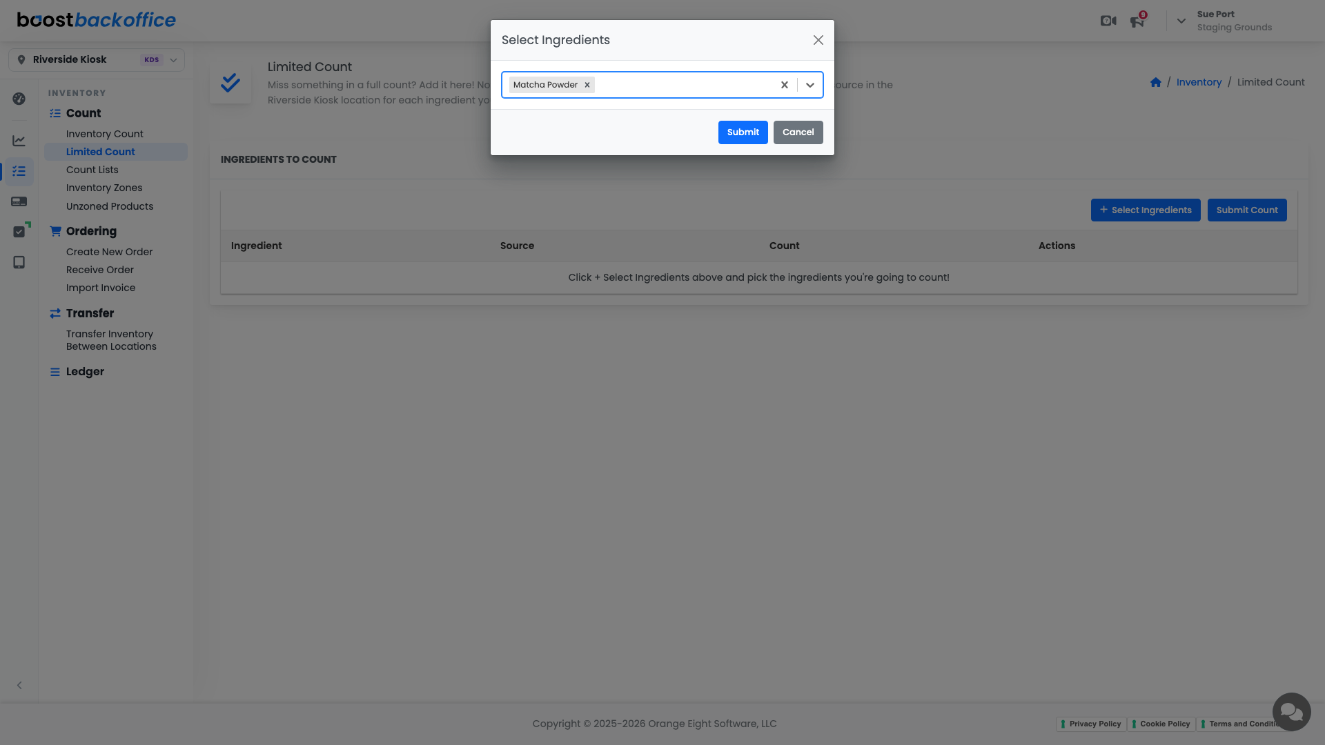 The Select Ingredients dialog with a search in progress