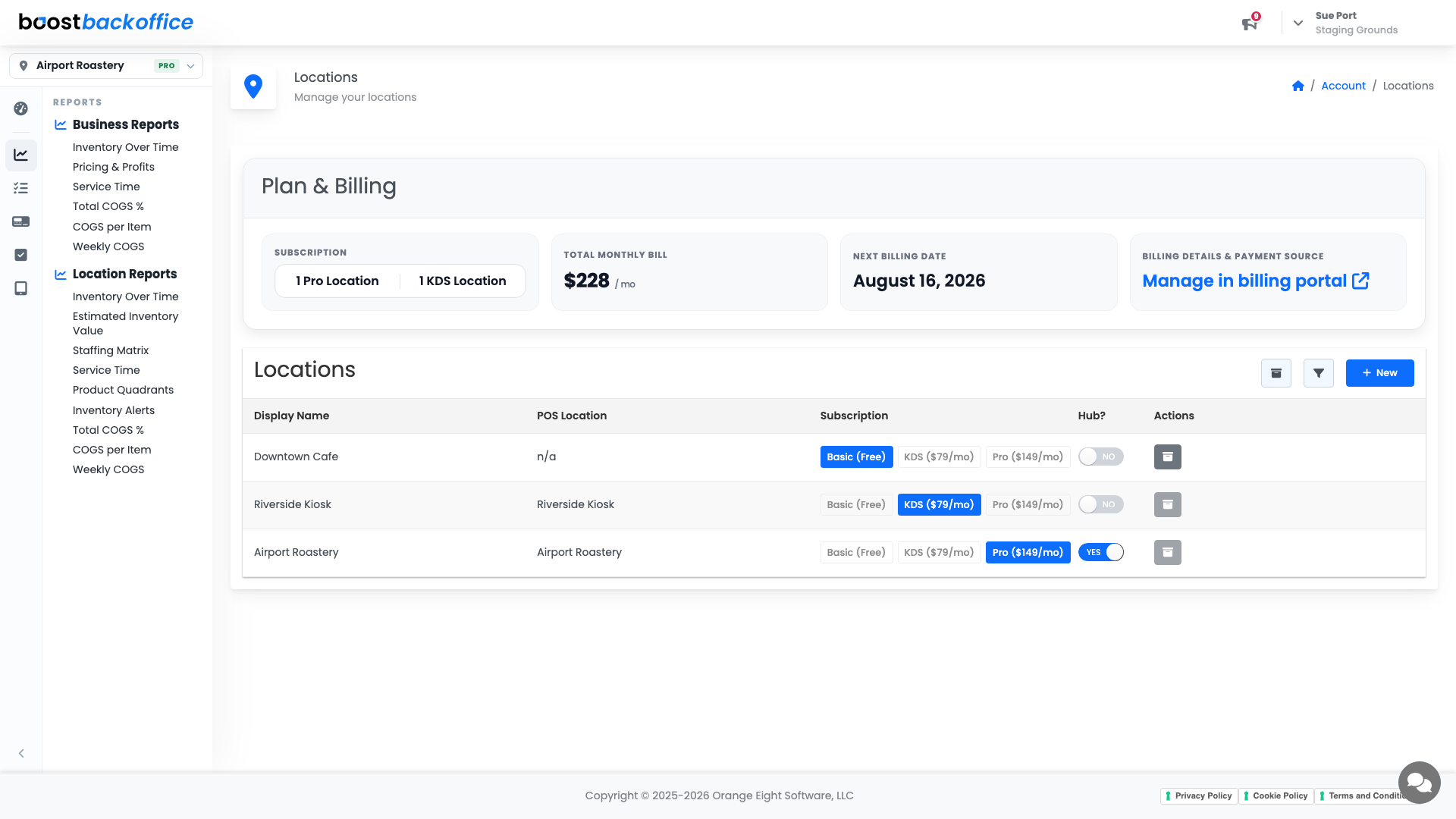 The Locations page with plan and billing summary and a plan per location