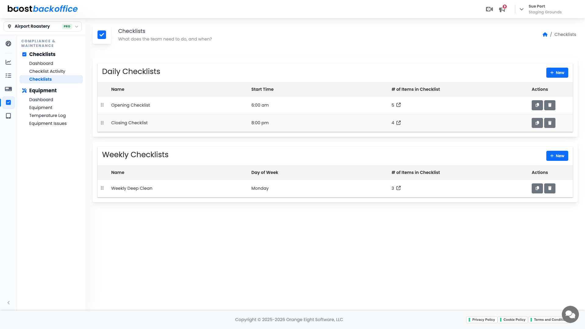 The Checklists page with daily and weekly checklists