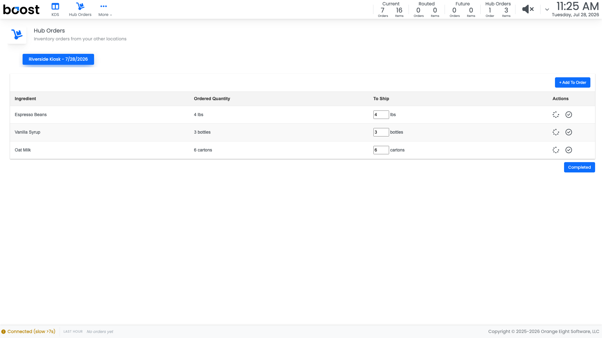 Hub Orders on the tablet, showing internal orders from other locations