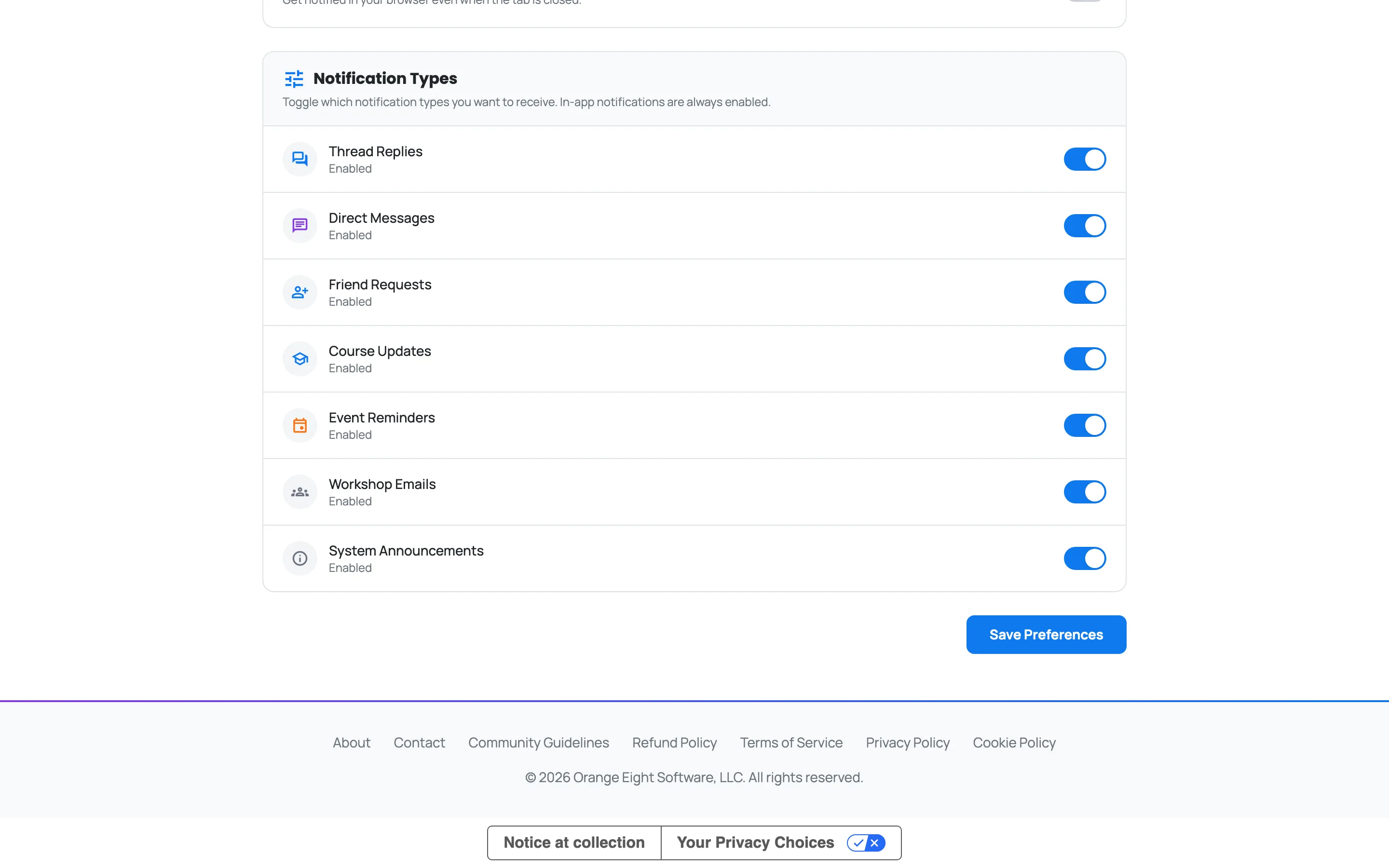 Notification settings with email digest frequency, marketing email toggles, browser push, and the notification type switches including Workshop Emails