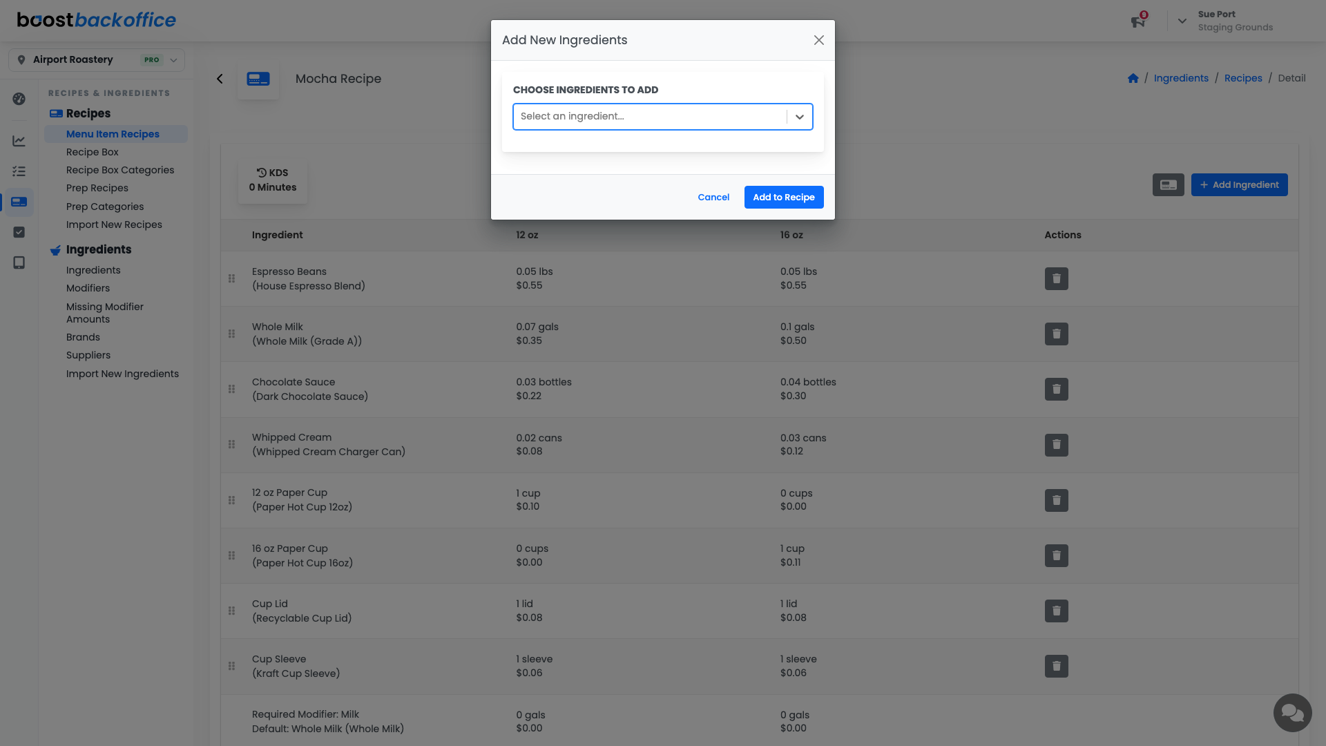 The Add New Ingredients picker over a recipe