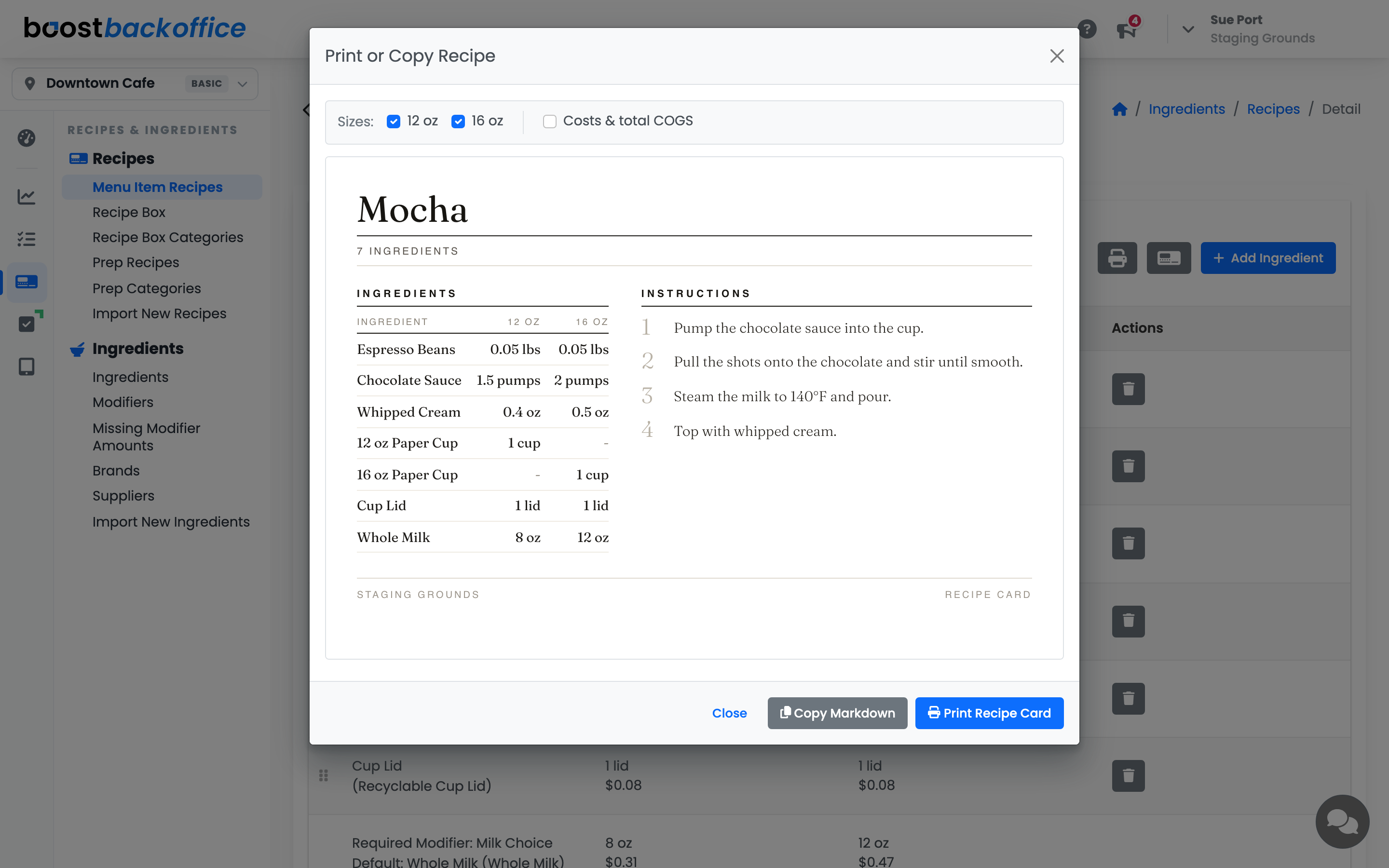 The recipe card preview, with the size and cost filters above it