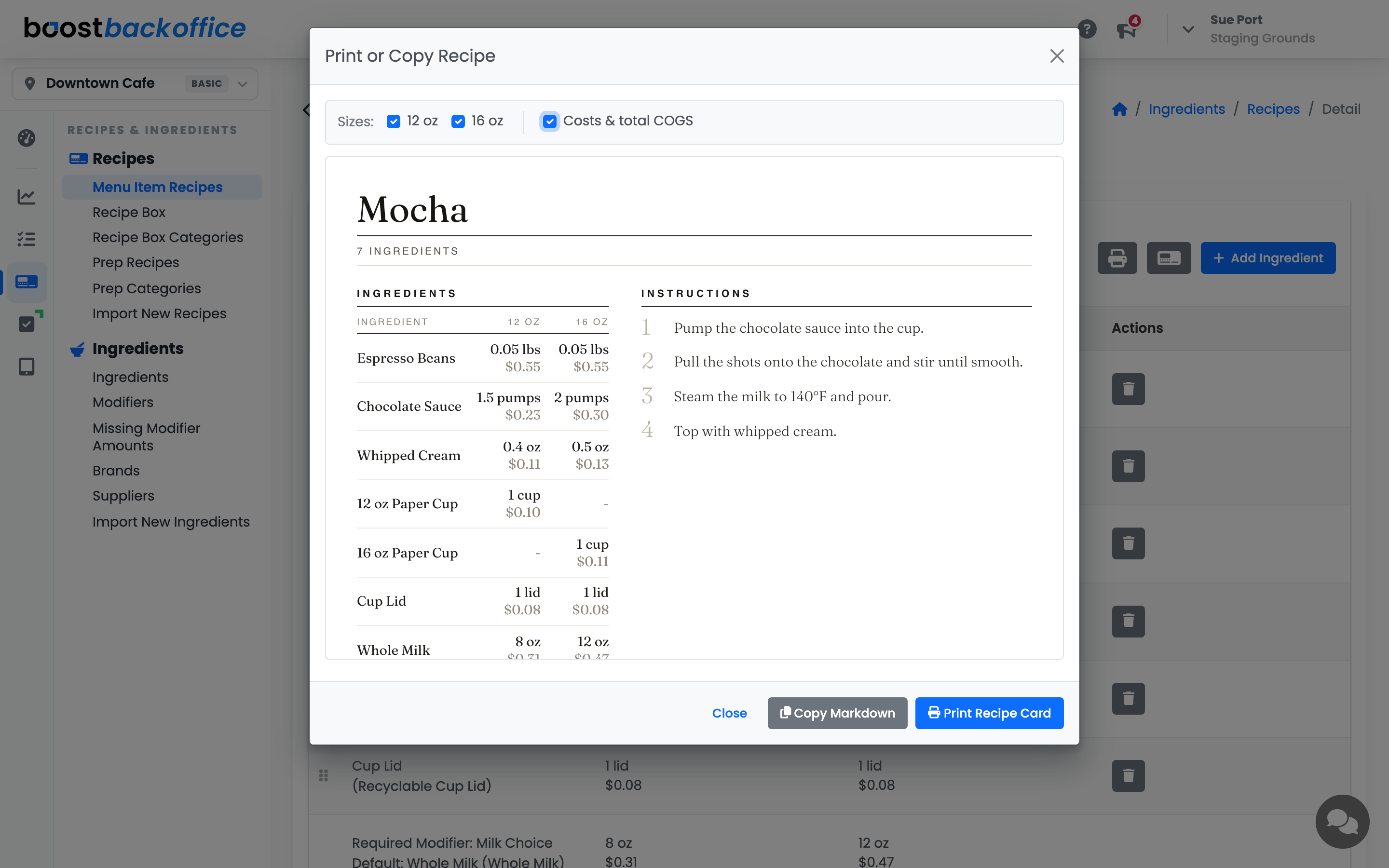 The card with costs and total COGS switched on