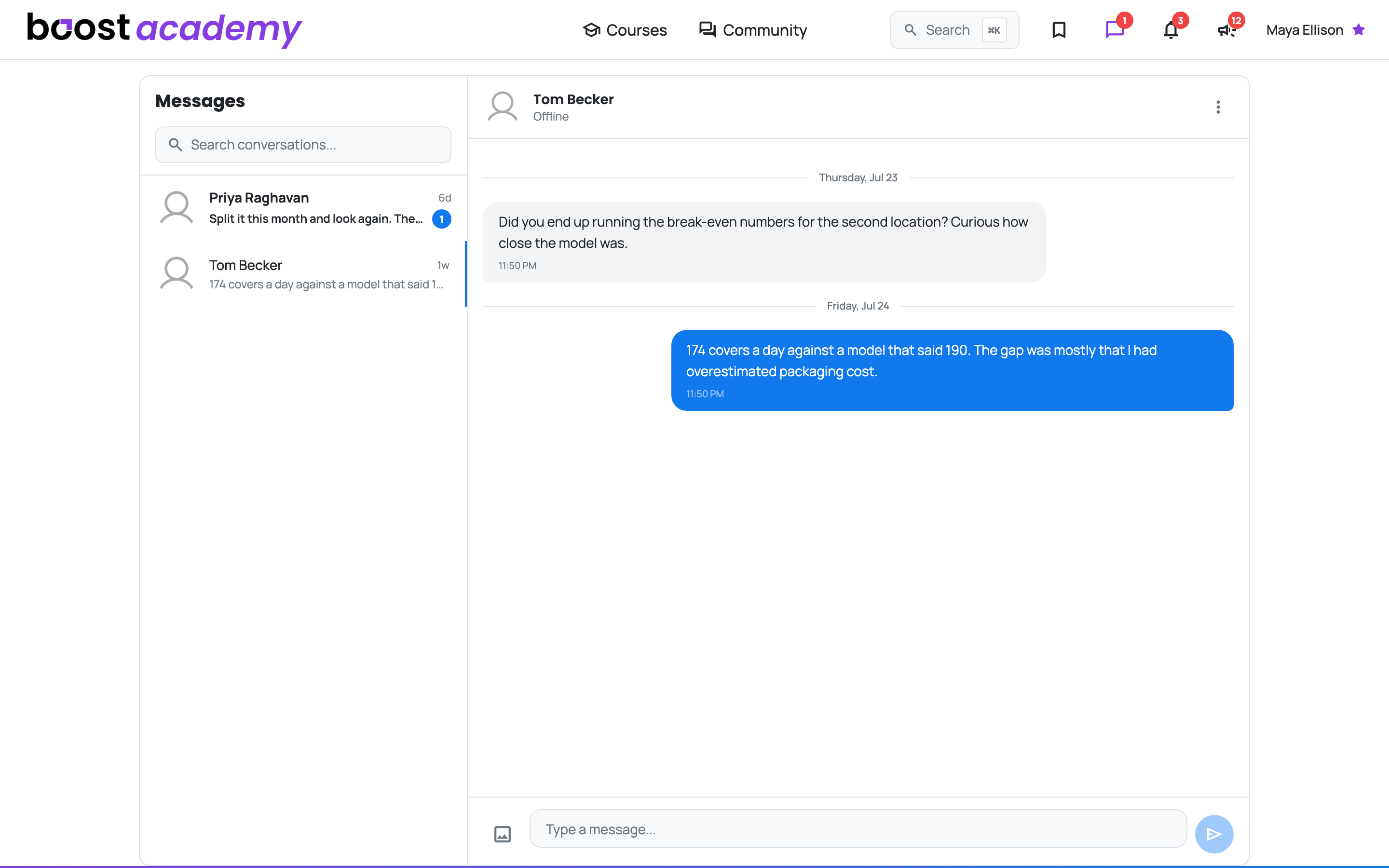 The Messages inbox with a conversation open, showing the message thread and compose box