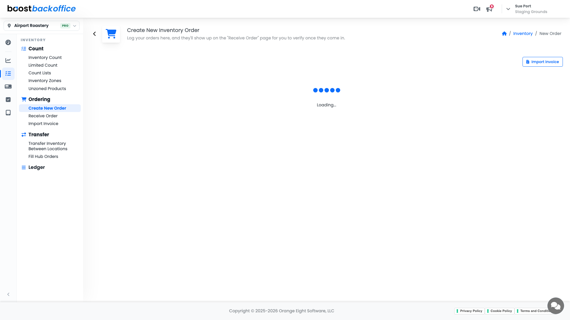 A new inventory order opened straight from the dashboard