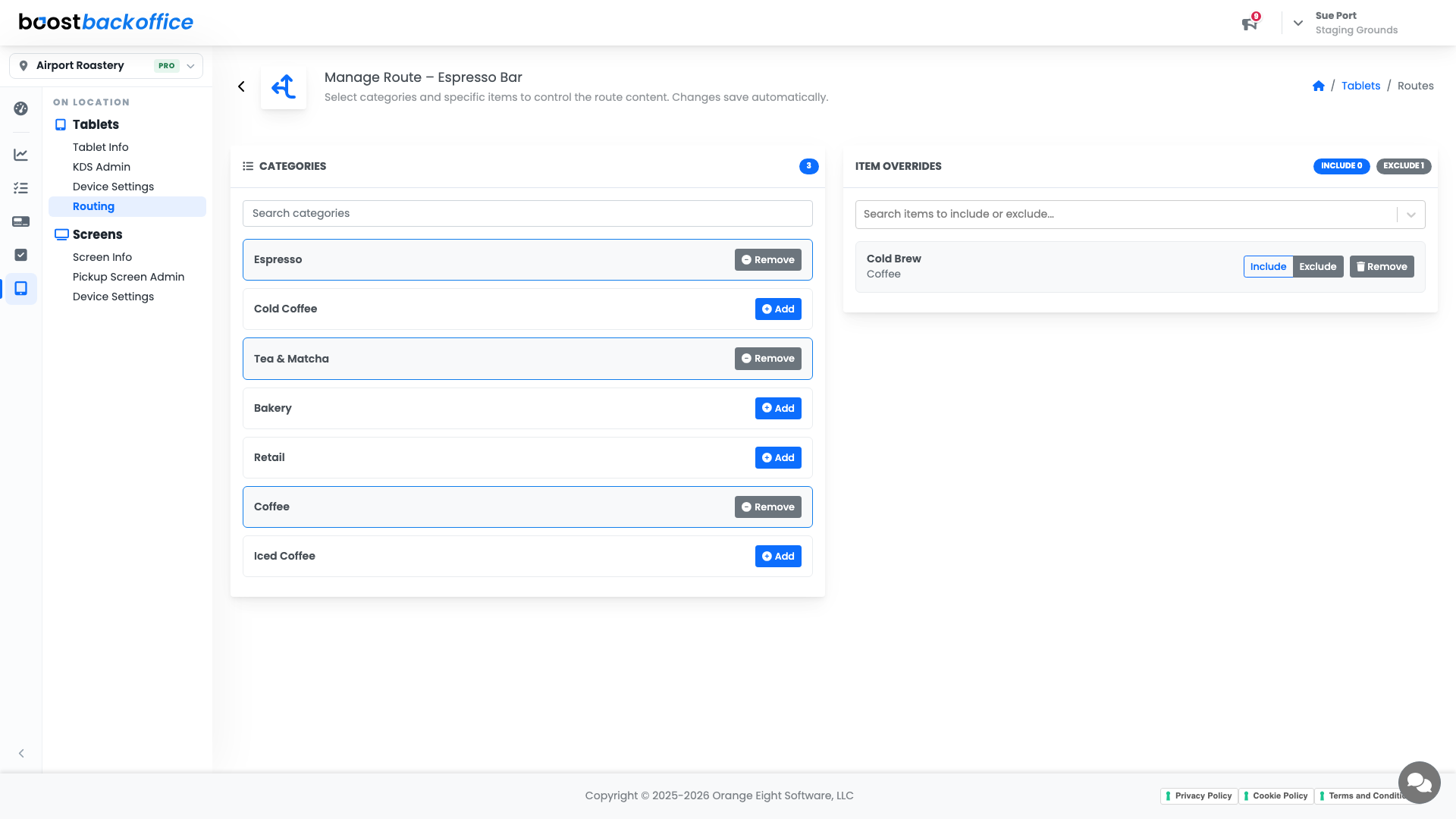 Managing a route with categories and item overrides
