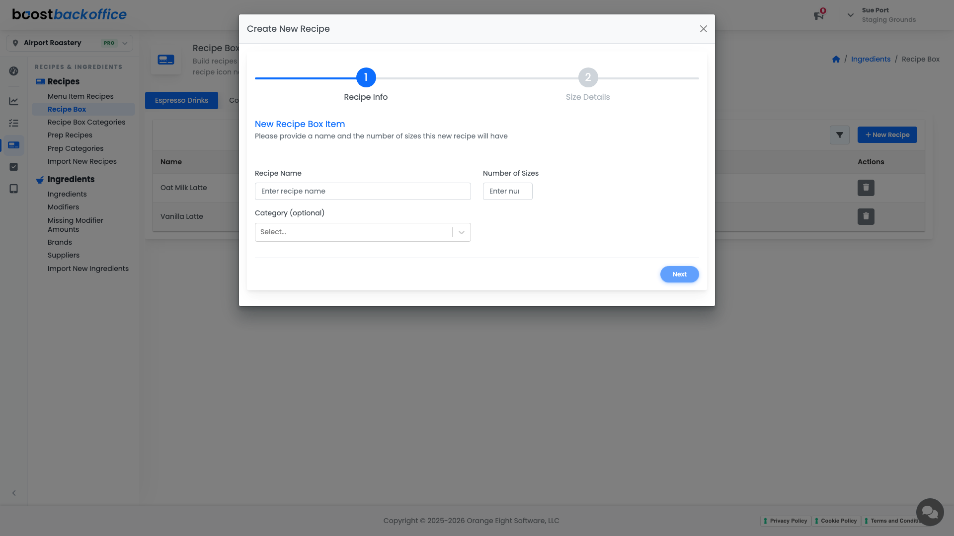 The Create New Recipe dialog asking for name, number of sizes, and category