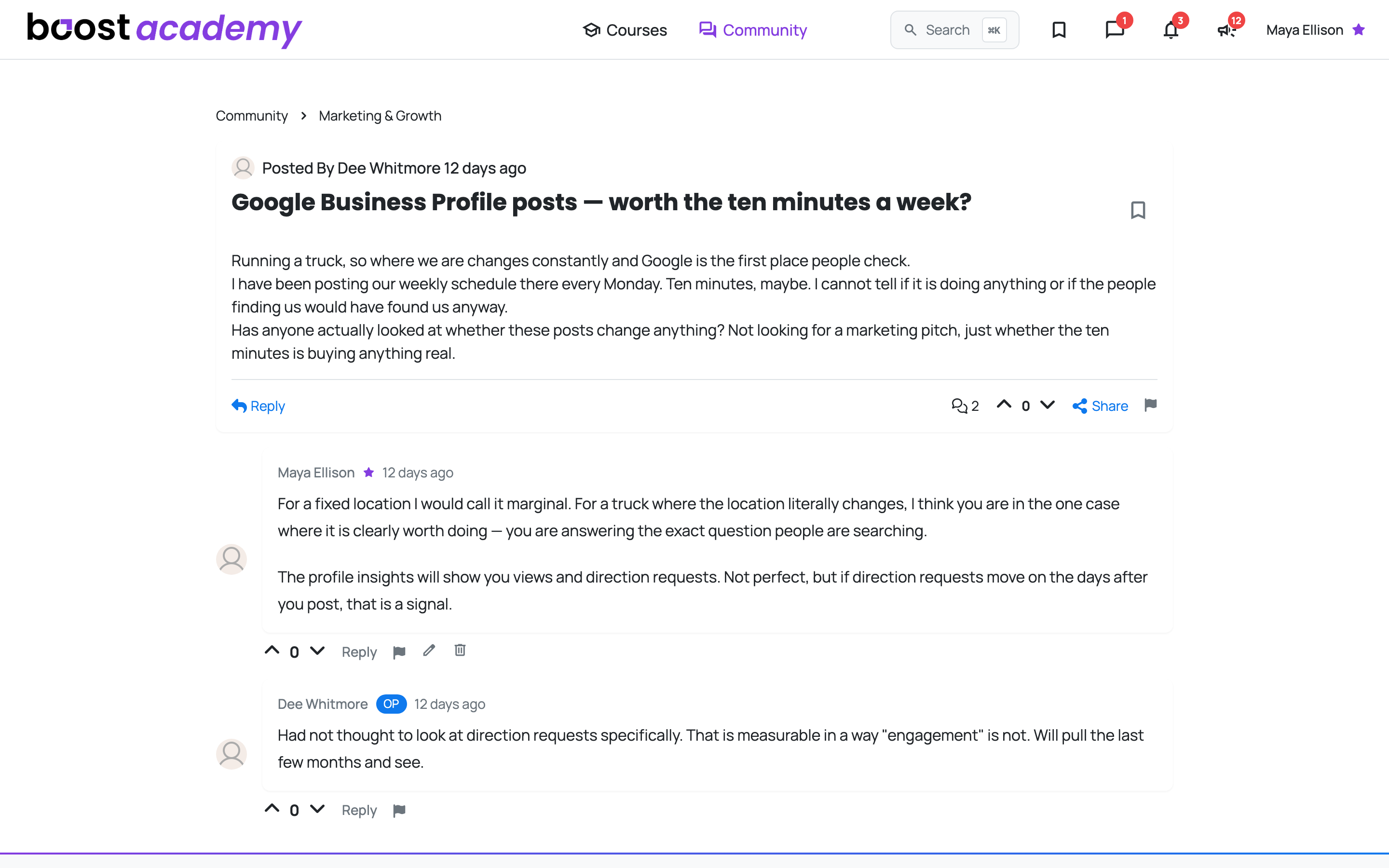 A community thread showing the author, board, question, and reply controls