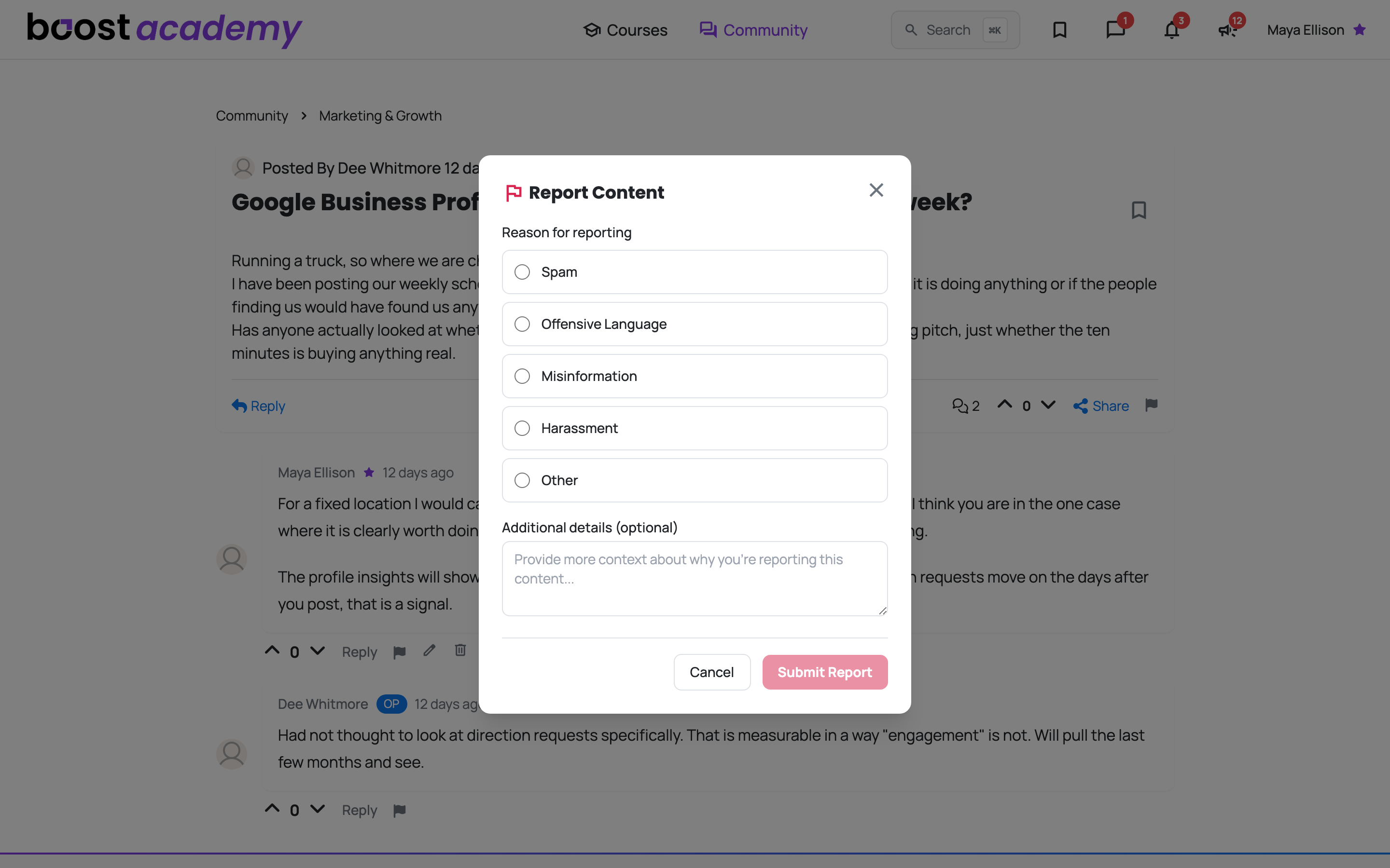 The Report Content dialog with reason options and an optional details field