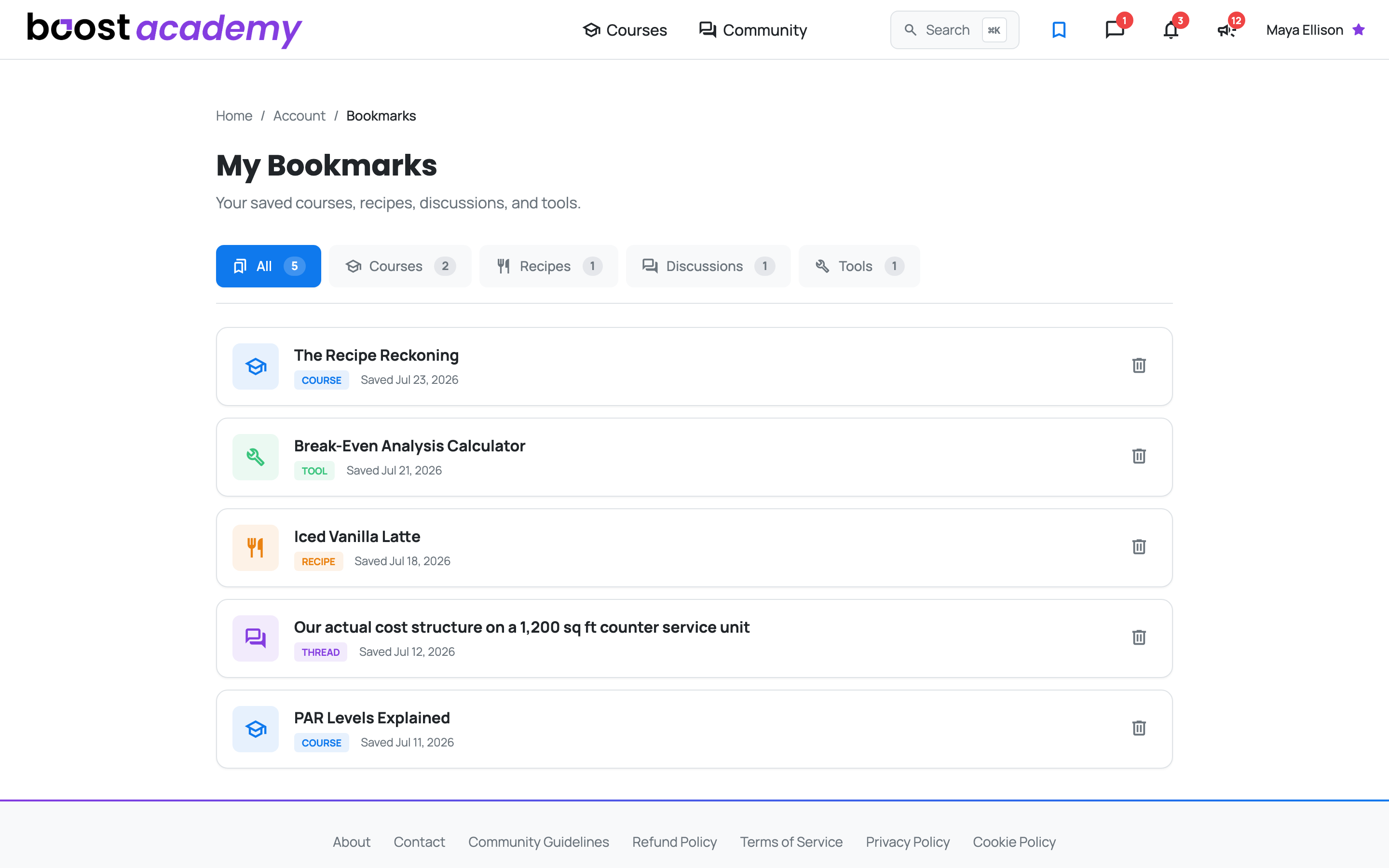 The bookmarks page listing saved courses, recipes, threads, and tools with the date each was saved