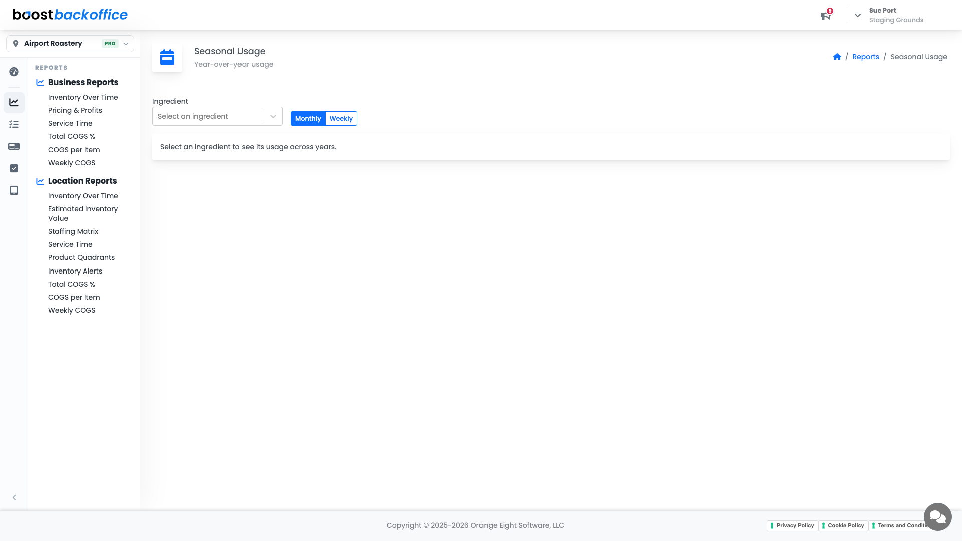 The Seasonal Usage report with its ingredient picker and monthly and weekly views